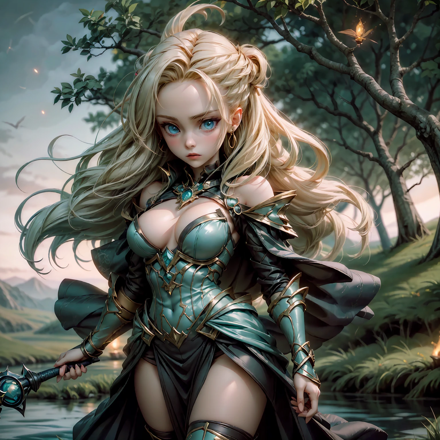 A stunning artwork of a majestic female character standing in an enchanting, mystical landscape. The full-body view showcases her in stylish and unique clothes of gold and purple, exuding an aura of elegance and power. Her long, flowing golden hair frames a face of regal beauty, highlighted by light blue eyes that radiate wisdom and an otherworldly charm. She holds a magic staff, intricately designed and glowing with mystical energy, adding to her majestic presence.
The scenery around her is a fantastical forest bathed in twilight, with towering ancient trees and luminescent flora. A serene river flows nearby, reflecting the soft glow of a setting sun. Fireflies and ethereal lights float in the air, enhancing the magical atmosphere of this tranquil setting.