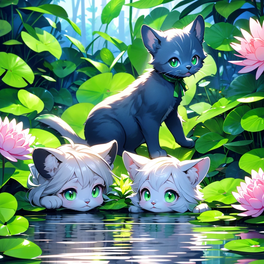A kitten, looking at the viewer, green eyes, water, animal, animal, leaf, cat, reflection, navy blue cat, animal focus, ripples, water lily, kitten, kitten, green ribbon, neck ribbon,