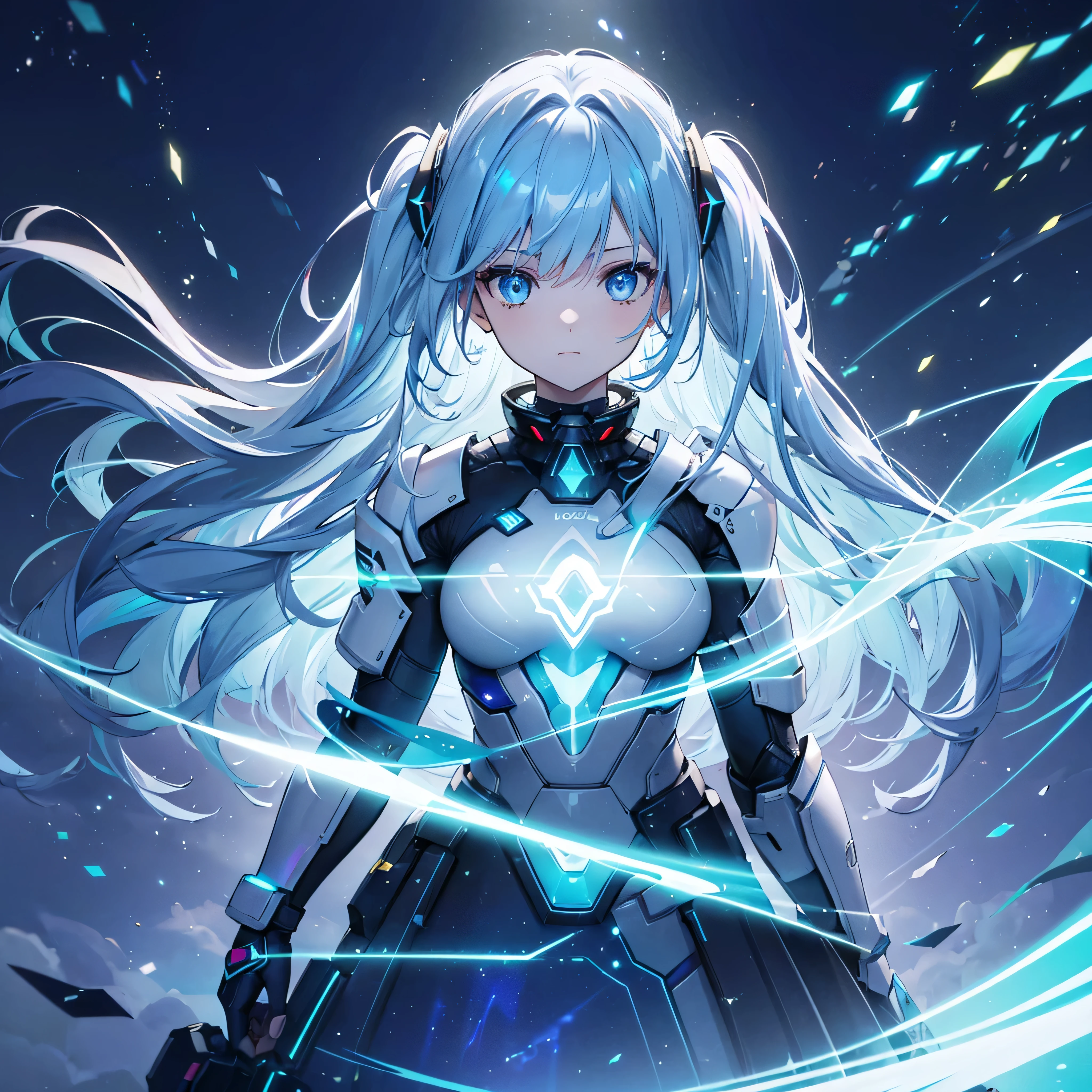 ((Holographic glow effect)),8k, Highest quality, (real:1.4), Original photo, 1 girl, Asari Hair, Biological Amplifier, refined armor, posture: Peace talks between warring factions, smart blue eyes,whole body,Vortex of Light,Band of Light,Wind of Light
