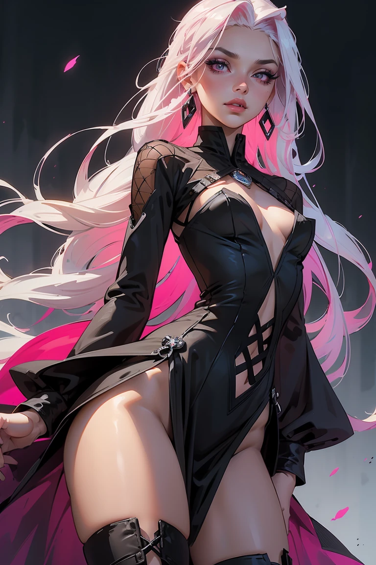 Goddess ((goddess-like woman)), slim, elegant silhouette, masterpiece, (close angle), best quality, pale skin, fair skin, sweet face, (masterpiece: 1.2, best quality), (real image, intricate details), (1 lady, solo, medium tits, small waist, ), ((Jinx/LOL)), beautiful face, kissable lips, very long white hair, slicked back hair, (very long white hair), white hair , VERY LONG HAIR , (very long white hair), perfect makeup, realistic face, detailed red pink eyes, (red pink eyes) bright red pink eyes, very long hair, eyelashes, mouth slightly open, she has an impressive presence, gold bracelet, gold hoop earrings, withe jewelry , beautiful face, beautiful eyes, she is wearing a black Mesh Corset Velvet Dress and black over-the-knee boots, Mesh Corset Velvet Dress, long sleeves, dress, standing, full body, long dress, maroon dress, velvet dress, see-through sleeves, Black over-the-knee boots, sweet irresistible smile, elegant pose, elegant hands, beautiful hands, perfect fingers, background: outside, medieval city, magic in the air, stone houses, castles, dark sky night, full moon