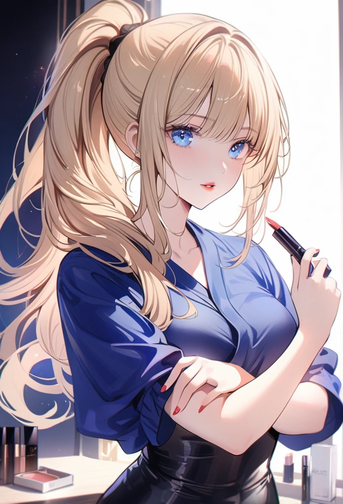无与伦比的masterpiece, Ultra-realistic 8k CG, Perfect work of art, ((Perfect female image)), Mature woman, Slim waist, Tempting, Clean, Pretty Face, {Extremely beautiful} , 8k wallpaper, {{{masterpiece}} }, 1 Girl, Blonde Hair, blue eyes, Ponytail, , Jewelry, Lips, Lipstick, Long hair, Look at the audience, cosmetic, Lips, red Lips, Simple background, Solitary, Upper Body, (Glowing skin),