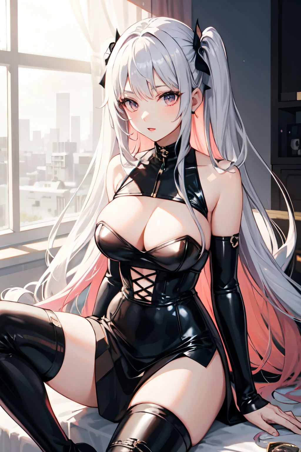 Woman with long pink hair, silver eyes, with black skirt, black bustier and black mesh stockings along with black boots