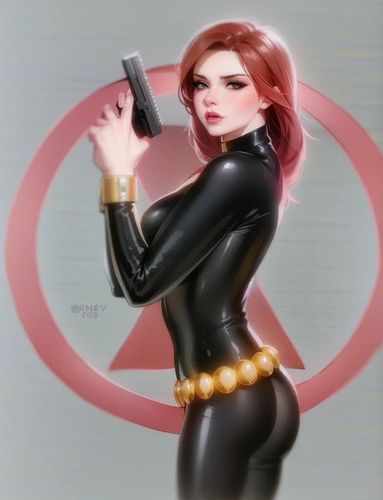  Black Widow, from the Marvel Comics universe. She is showcased in a sleek skin-tight shiny black latex bodysuit, a belt made of golden circles, and golden wrist guards. In her right hand, she is holding a gun. The ambiance divulges power, strength, and an impressive aura radiated by Black Widow.