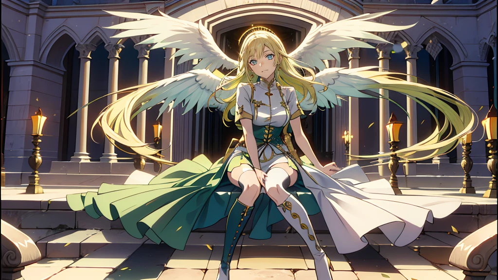 with a cathedral background,whole body,whole body,thin,thin脚,greenish-yellow hair，Yellow-green pupil，Green and yellow, white clothing with gold and silver decorations，She is a naturally pretty girl.,((Wicked Smile)),White thigh-high boots,whole body,Long Hair,White angel wings,whole body,