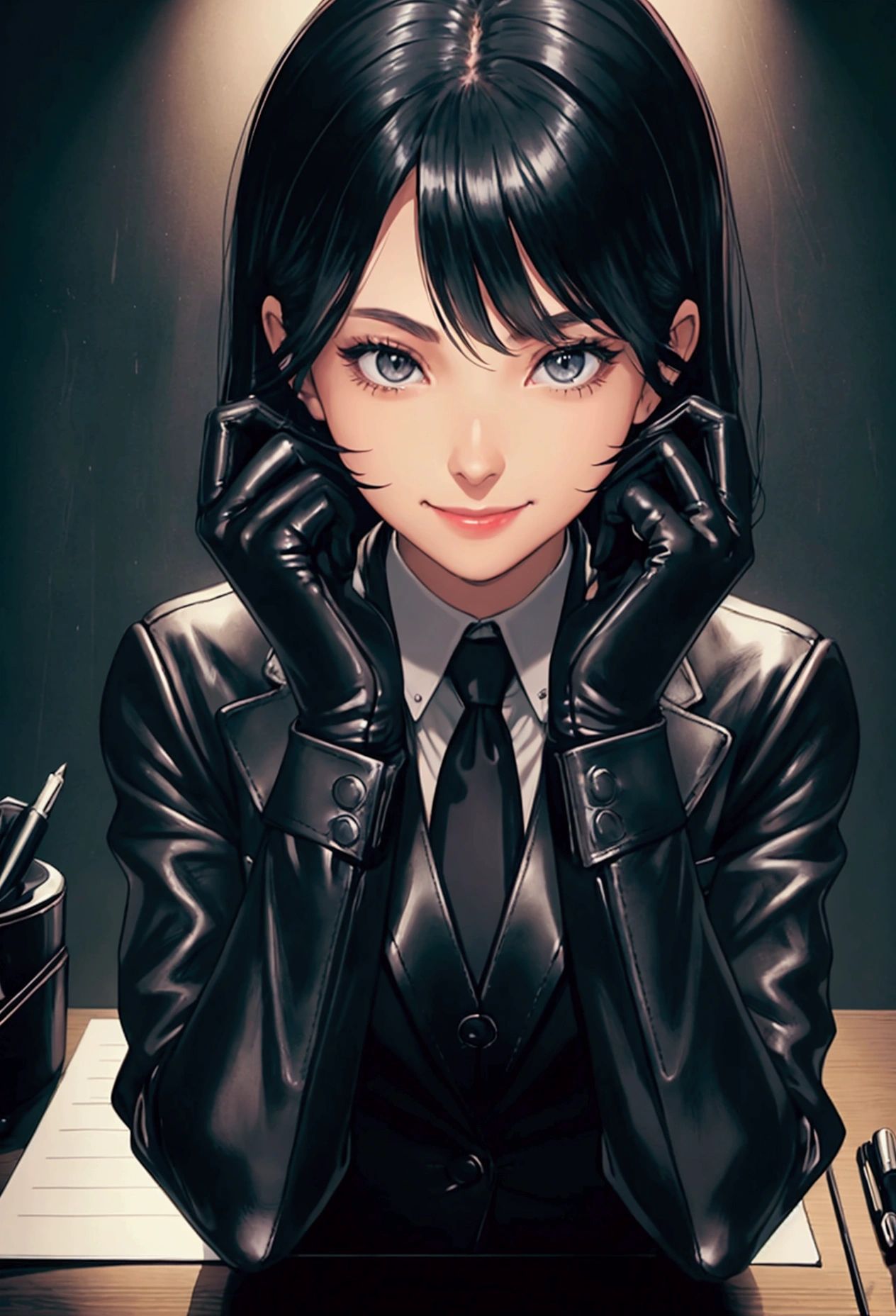 Wearing black leather gloves on both hands, Upper body, Black business suit, Facing a desk in a modern study in the dark, Looking down, Smiling, Use a fountain pen to write a letter, long, Straight black hair, Japan female new employee with young and cute face (Black leather gloves cover both hands)