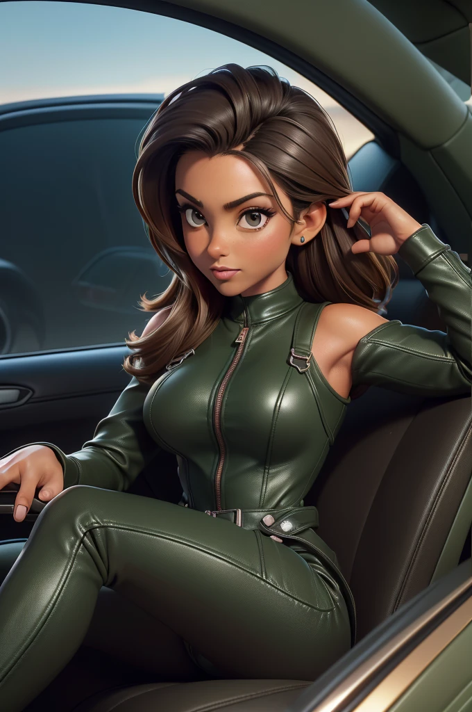 obra prima, melhor qualidade, ((only one woman,)) ((andrea tantaros, dark tan skin, shiny leather hijab,)) looking over shoulder at me, ((wearing forest green coarse grain leather minidress overalls, leather bomber jacket with padded shoulders,)) (((leather covered tits, tits are very very pointed, erect nipples under leather,))) body is very very skinny, skinny tight ass, ((sitting in luxury convertible car, arched shoulders, legs spread, one hand inside clothes,)) (camera view above waist, back view of body,) shallow depth of field, highres, HD, 8k, anatomically correct