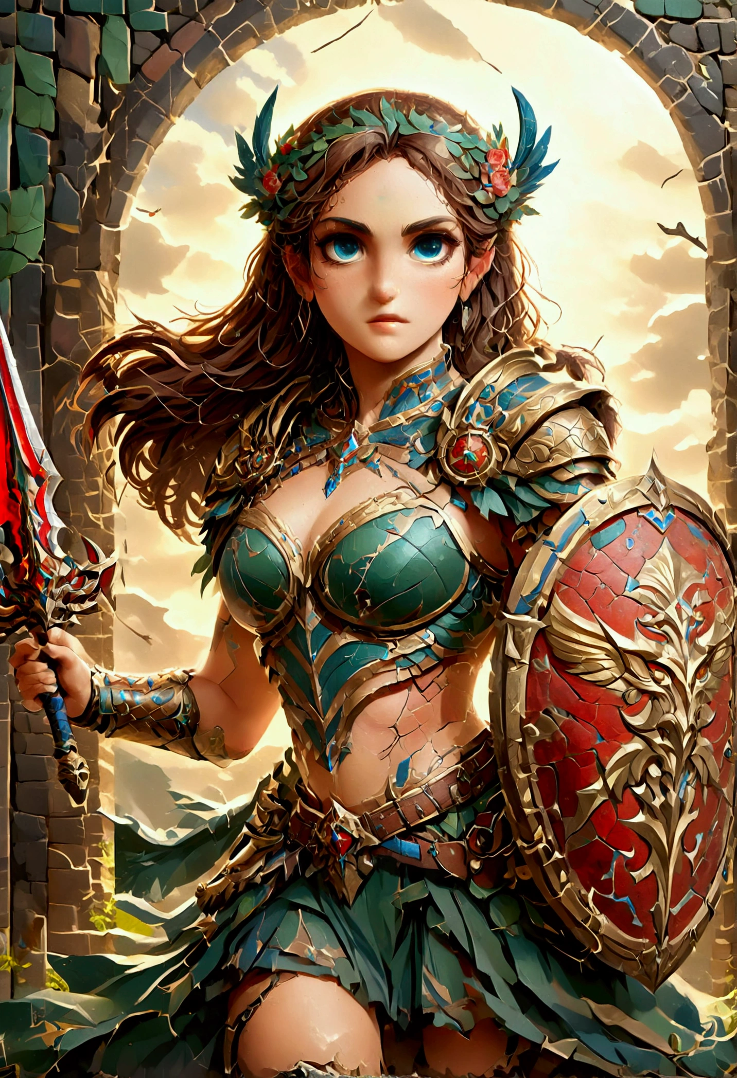 ancient Greek mosaic art of an amazon warrior, beautiful amazon warrior holding a sword, ready for battle, ((full body shot: 1.5)), ((anatomically correct: 1.5)) (ultra detailed face: 1.4), dynamic skin complexion, dynamic hair style, dynamic hair color, she is wearing ancient Greek armor, armed with a Greek short sword, dynamic background, vibrant, Ultra-high resolution, High Contrast, (masterpiece:1.5), highest quality, Best aesthetics), best details, best quality, highres, 16k, [ultra detailed], masterpiece, best quality, (extremely detailed) RAW, fantasy art, dnd art, fantasy art, realistic art, (ultra details, Masterpiece, best quality), Intense gaze, Sword and shield