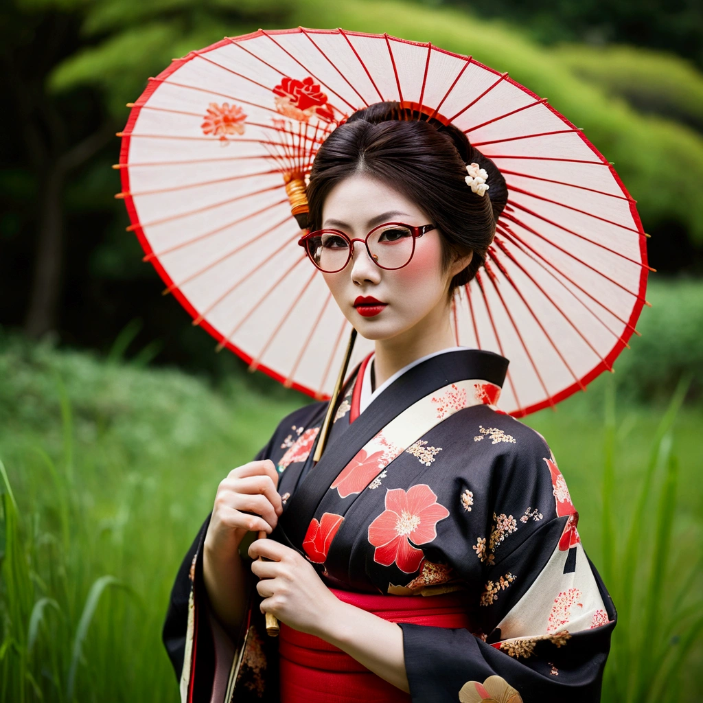 glamorous and sexy geisha, Traditional beauty, in kimono, geisha, beauty geisha, Inspired by , traditional geisha clothing, geisha makeup, ((Woman in kimono)) holding a fan - woman in kimono, traditional Japanese, Japanese style, Japanese goddess Glamorous and sexy geisha - glamorous and sexy geisha, Japanese geisha Traditiona,Arabian woman in kimono holding umbrella and red umbrella, traditional geisha clothing, glamorous and sexy geisha, japanese geisha, female geisha girl, intricate geisha kimono, geisha photo portrait, geisha, beauty geisha, Japanese Kimono, red kimono, Traditional Japanese, organic seductive geisha, geisha hairstyle, Japanese style((Punk girl with glasses and a black shirt, Blurred green grass and trees in the background々, Short brown hair, Detailed face, high quality, High resolution