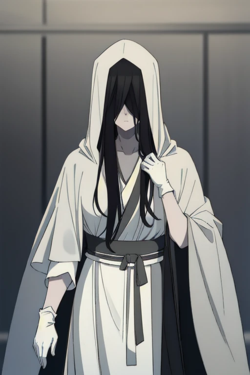 ((masterpiece)), (best quality), (absurdres), black hair, yamamura_sadako, (black obi), (grey skin), hair over eyes, eyes covered, looking at viewer, cape, long cape, cloak. White gloves