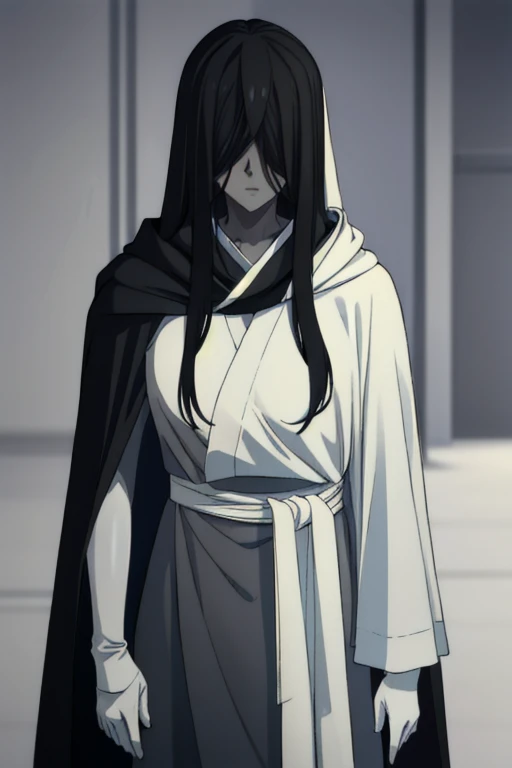((masterpiece)), (best quality), (absurdres), black hair, yamamura_sadako, (black obi), (grey skin), hair over eyes, eyes covered, looking at viewer, cape, long cape, cloak. White gloves