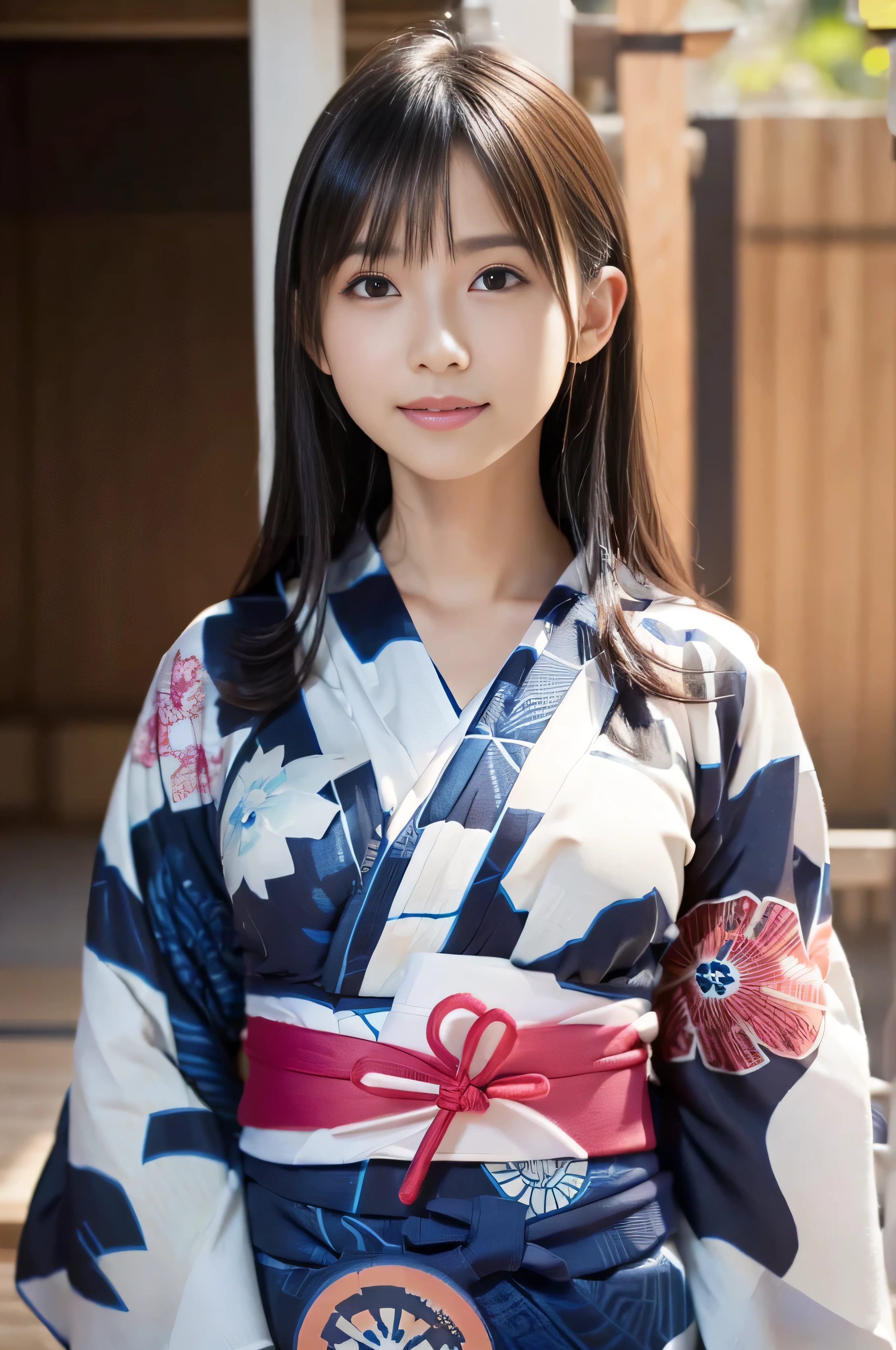 ((A thin yukata:1.4))、((14 years old))、Random Pause、(Highest quality,masterpiece:1.3,Ultra-high resolution,),(Very detailedな,Caustics),(Photorealistic:1.4,RAW shooting,)Ultra-Realistic Capture,Very detailed,High resolution 16K human skin closeup、 Natural skin texture、、Skin tone is even and healthy looking、 Use natural light and colour,1 girl,Japanese,cute,Black-haired,Medium Hair,(Big Breasts:1.4),smile,,(Written boundary depth、chromatic aberration、、Wide range of lighting、Natural Shading、)、(Kimono with open front), Holding a Japanese fan, (hard nipples erect:1.2), (nipples pointing up:1.2),