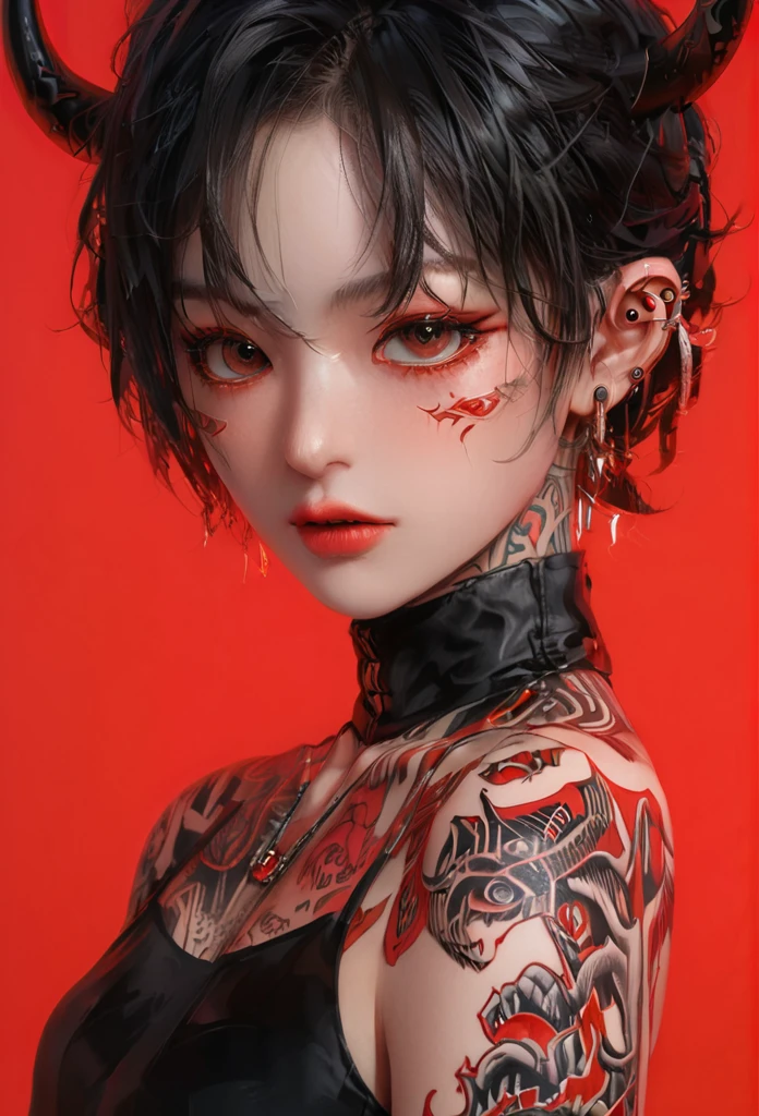 best quality,highres,extreme detail description,Professional,Studio lighting,a character with a dark,wavy hairstyle adorned with red horns,The character has a tattooed face,with intricate designs covering their cheeks,forehead,and neck,They are wearing a black outfit with red accents,and their fingers are covered in multiple rings,The background is a vibrant red,and the overall style of the image is reminiscent of fantasy or anime art,