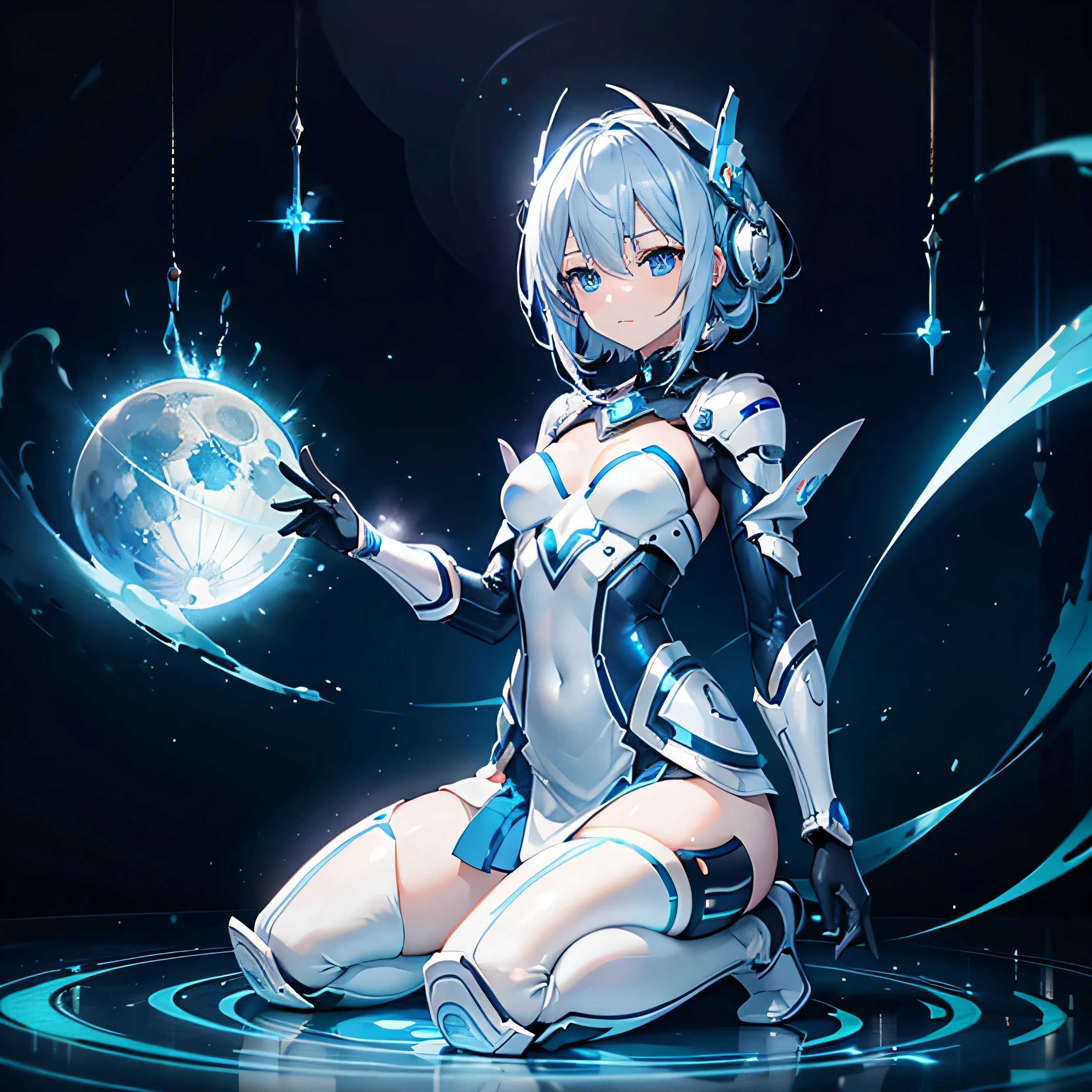 8k, Highest quality, (real:1.4), Original photo, 1 girl, Asari Hair, Biological Amplifier, Very sleek and futuristic armor, posture: Peace talks between warring factions,,attention arousal, smart blue eyes,A modest smile,Knee-high boots,Patent-look blue tights,Blue big moon and blue light swirl in the background,Blue light from behind,blue light magic,A small, glowing blue ball in the palm of your hand,Blue flame swirl,Blue Comet,Polished floor,