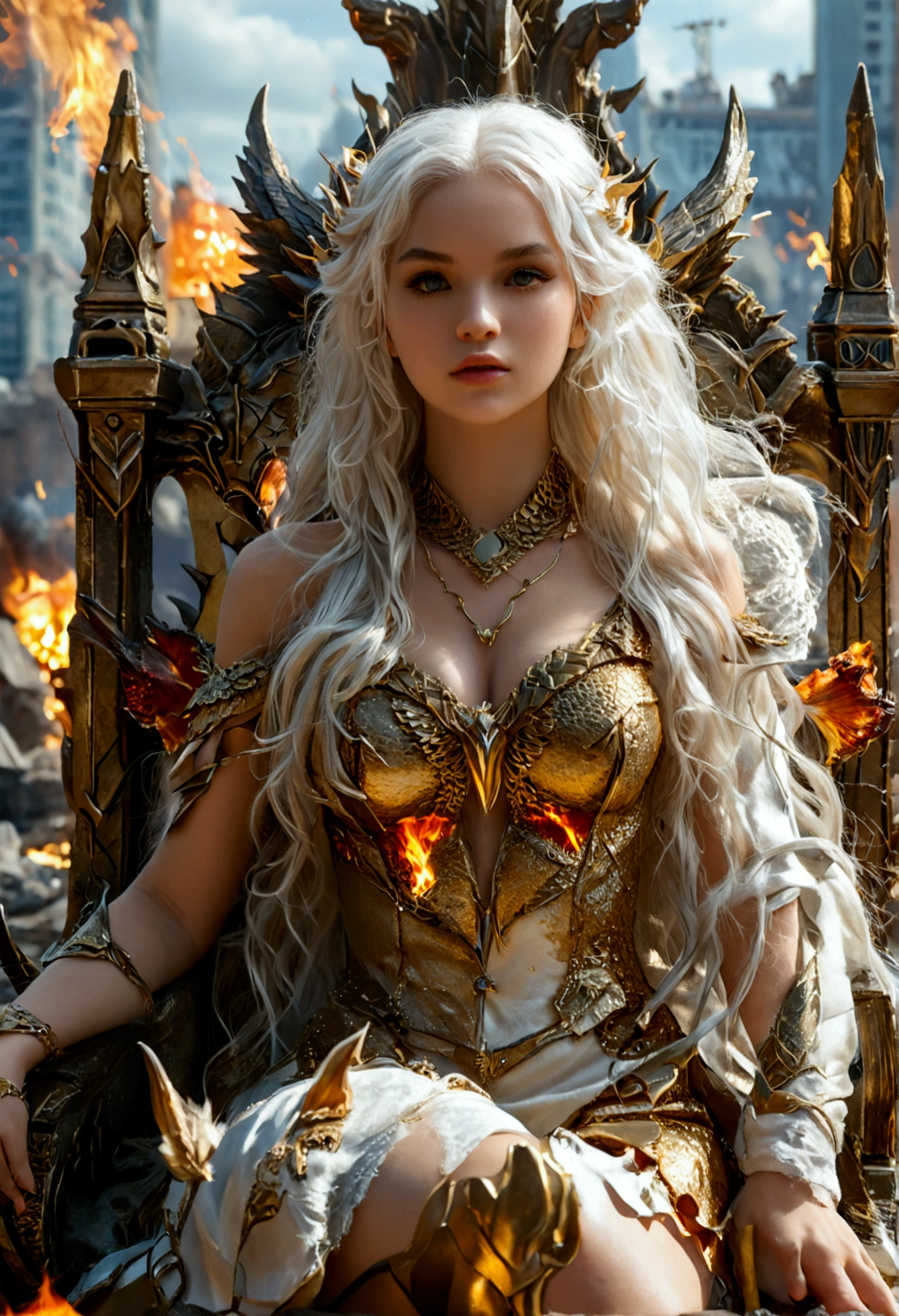 ultra realistic, photography, long white hair, girl, 24 years old, hourglass figure, perfect body, small breasts, Flirty look, she is sitting on a throne, wearing a gold dress, destroyed city in the background, the city is in flames and destroyed, (full body shot:1.1) photorealistic image of a (sitting pose:1.1) woman, full body, wide angle, wide angle shot, a small pet dragon is sitting at her feet, a bow and arrow are next to her throne