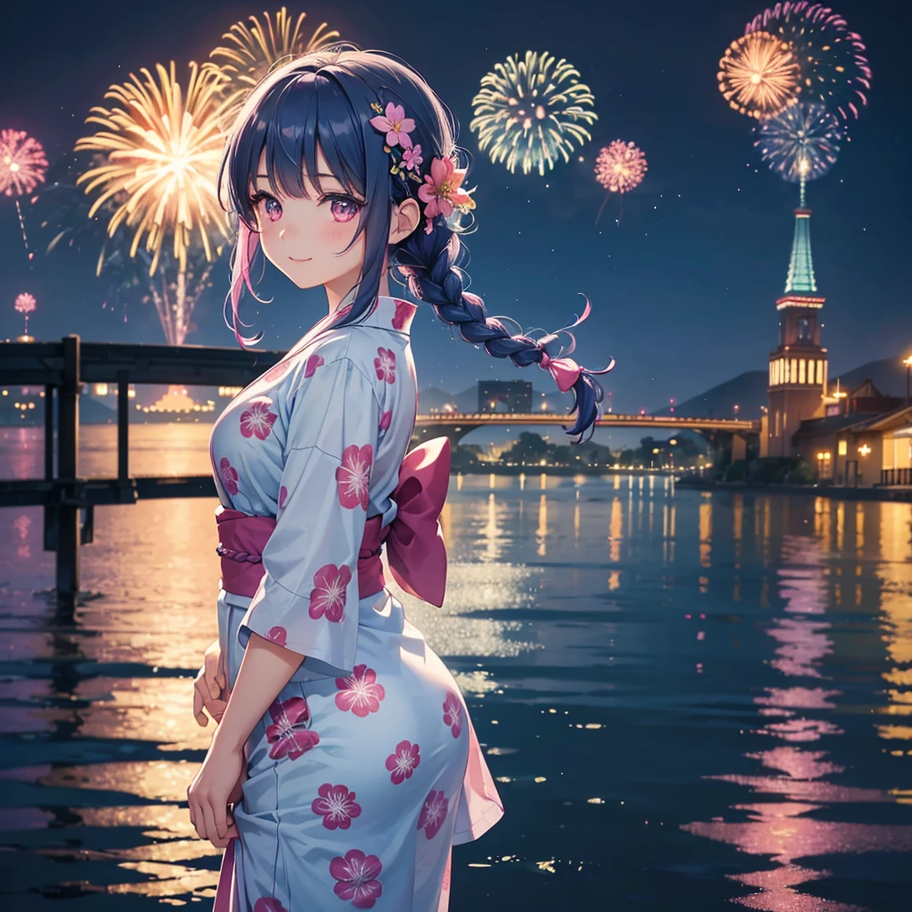 Sky Blue Medium Hair, (Braided hair),(Pink Eyes),Fair skin ,(whole body),(1 girl)、Floral Yukata、summer night、Fireworks on the lake、Big fireworks、A happy smile、Straight bangs,(masterpiece, Highest quality, Very detailed, Best Shadow), (Detailed Background), (Beautifully detailed face), High Contrast, (Best lighting, Very delicate and beautiful), ((Cinematic Light)), colorful, Hyper Detail 8k, Dramatic Light, Intricate details,Fireworks light reflected on the water