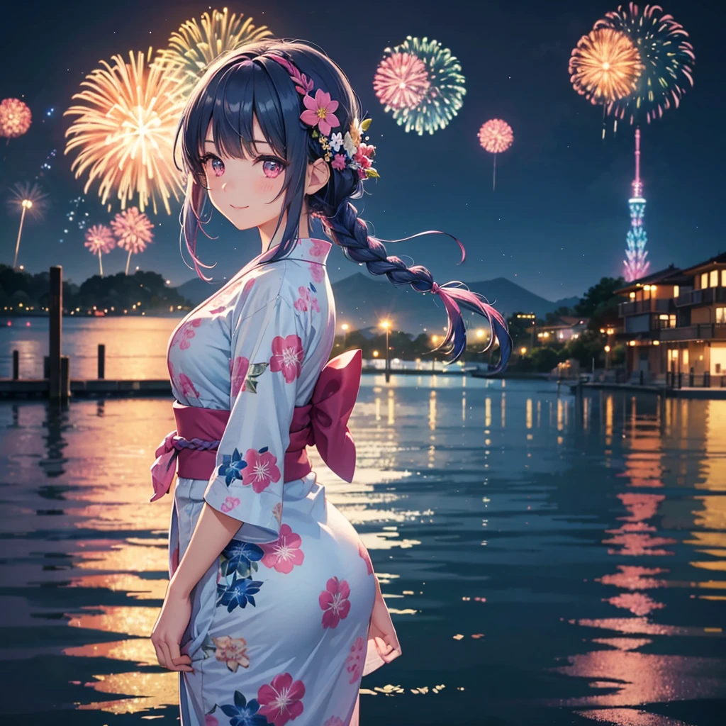 Sky Blue Medium Hair, (Braided hair),(Pink Eyes),Fair skin ,(whole body),(1 girl)、Floral Yukata、summer night、Fireworks on the lake、Big fireworks、A happy smile、Straight bangs,(masterpiece, Highest quality, Very detailed, Best Shadow), (Detailed Background), (Beautifully detailed face), High Contrast, (Best lighting, Very delicate and beautiful), ((Cinematic Light)), colorful, Hyper Detail 8k, Dramatic Light, Intricate details,Fireworks light reflected on the water
