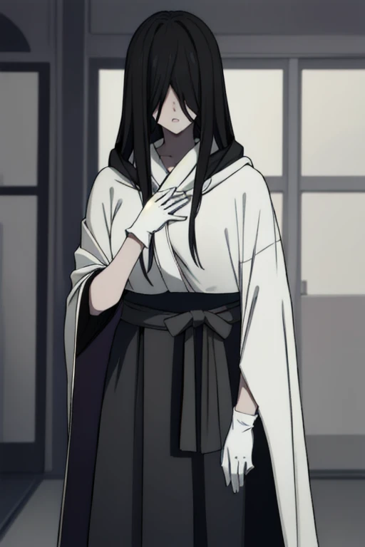 ((masterpiece)), (best quality), (absurdres), black hair, yamamura_sadako, (black obi), (grey skin), hair over eyes, eyes covered, long skirt, looking at viewer, cape, long cape, cloak. White gloves