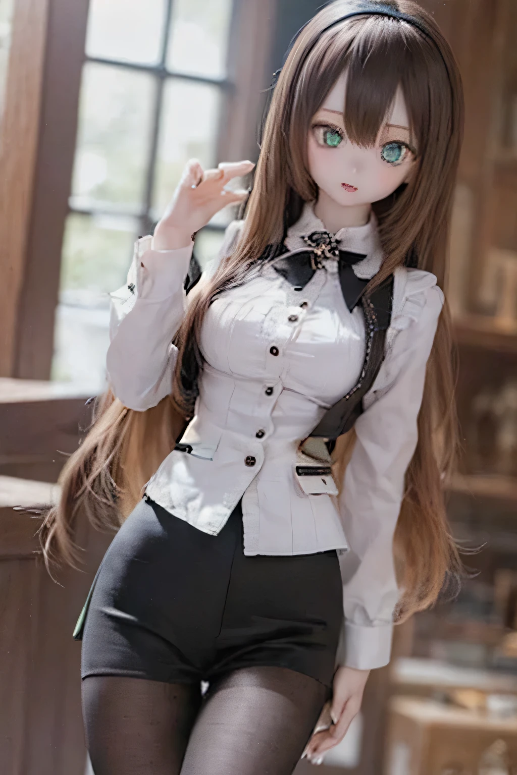 (SFW:2), photorealistic, realistic photo, 8k, ((highest quality)), ((masterpiece)), (extremely detailed), kukolnydom, doll, (mature woman, 21yo, 21 years old, solo:1.6), ((cowboy shot, stylish pose, slim, slender, skinny, medium breasts, hairband, ascot, vest, blouse, long puff sleeves, pleated skirt, black pantyhose)), (green eyes, brown hair, long hair, plastic skin, looking at another, glass eyes, gradient eyes, shining eyes, detailed eyes:1.3)