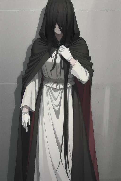 ((masterpiece)), (best quality), (absurdres), black hair, yamamura_sadako, (black obi), (grey skin), hair over eyes, eyes covered, long skirt, looking at viewer, cape, long cape, cloak. White gloves