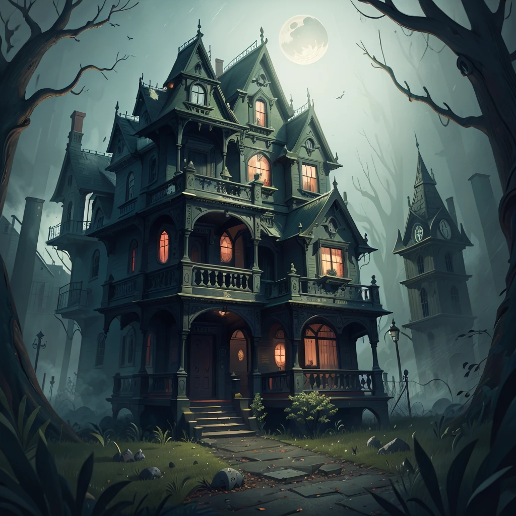 A scary victorian house at night