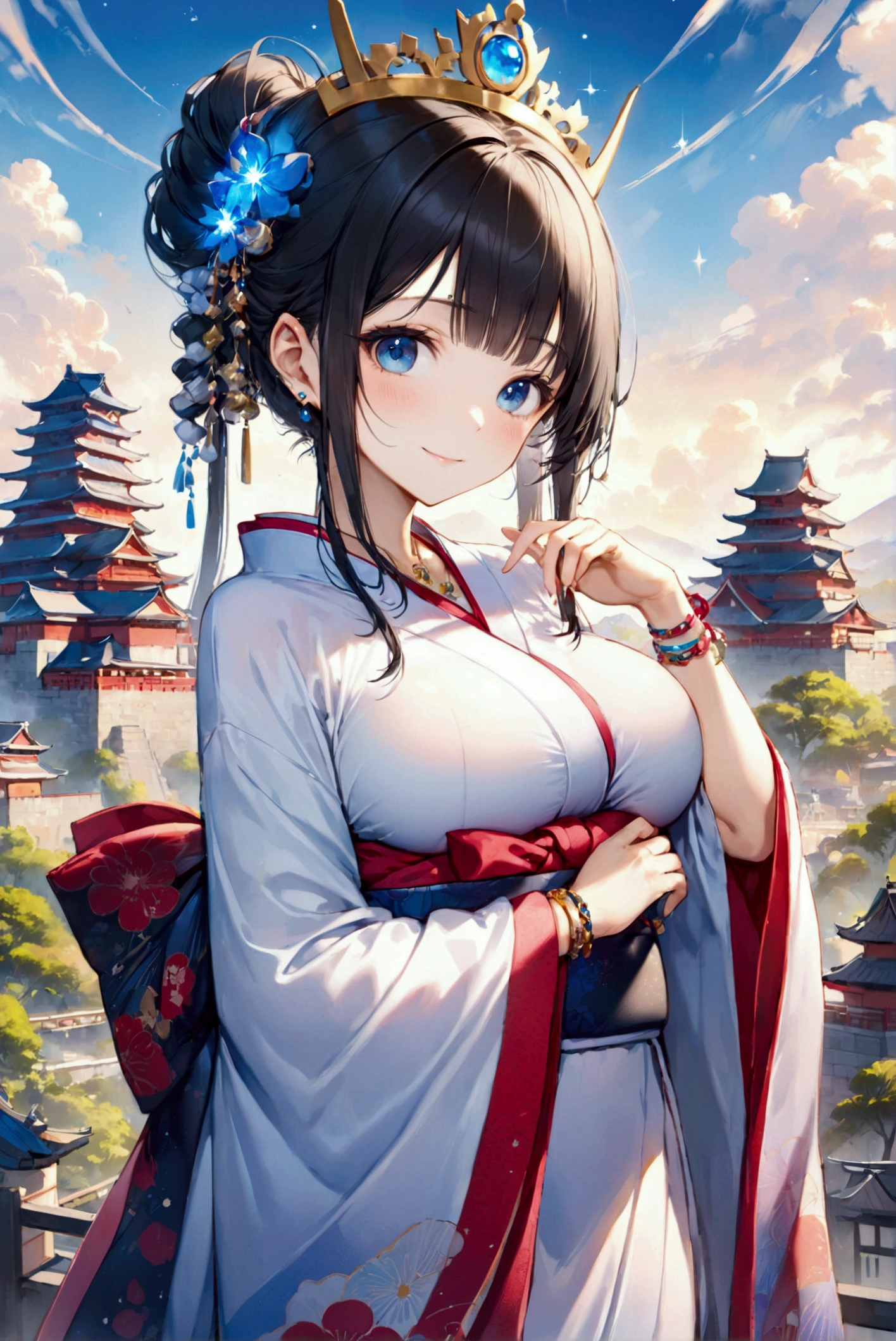 (Highest quality, 8k, 32K, masterpiece, Ultra-high resolution,:1.2),to be born, One Girl,So cute , Japanese Castle, A fantasy background reminiscent of an electronic world, clear, Shining Eyes, Age 25 ,Fair skin, Black Hair Girl, kimono, Long Hair, An innocent smile, Blue Eyed Queen, Pierced ears sparkle, An elegant necklace adorns her slender neck., Rings and bracelets decorate the fingers. expensive_Big Breasts, Big Breasts, Japanese Castle下町