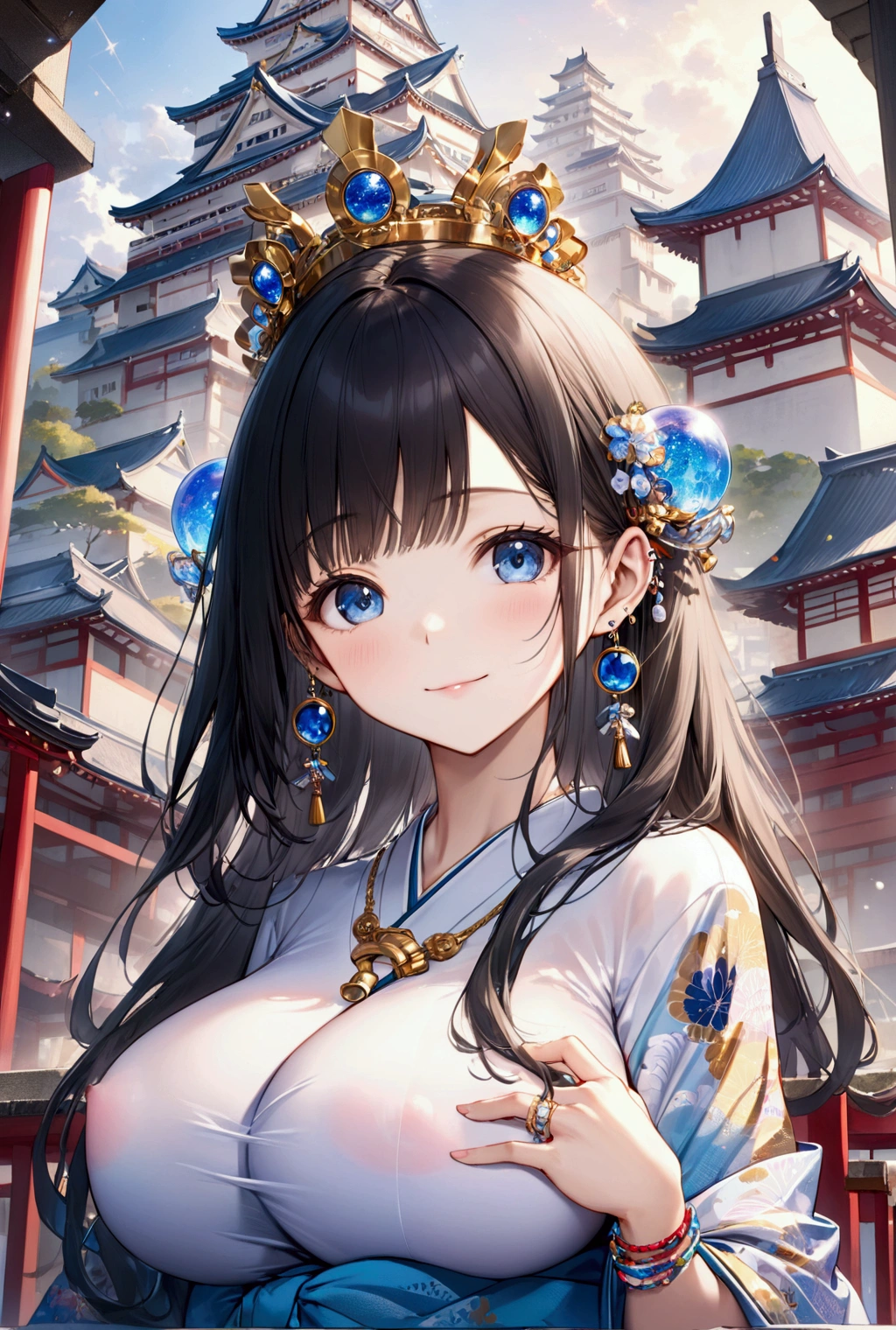 (Highest quality, 8k, 32K, masterpiece, Ultra-high resolution,:1.2),to be born, One Girl,So cute , Japanese Castle, A fantasy background reminiscent of an electronic world, clear, Shining Eyes, Age 25 ,Fair skin, Black Hair Girl, kimono, Long Hair, An innocent smile, Blue Eyed Queen, Pierced ears sparkle, An elegant necklace adorns her slender neck., Rings and bracelets decorate the fingers. expensive_Big Breasts, Big Breasts, Japanese Castle下町