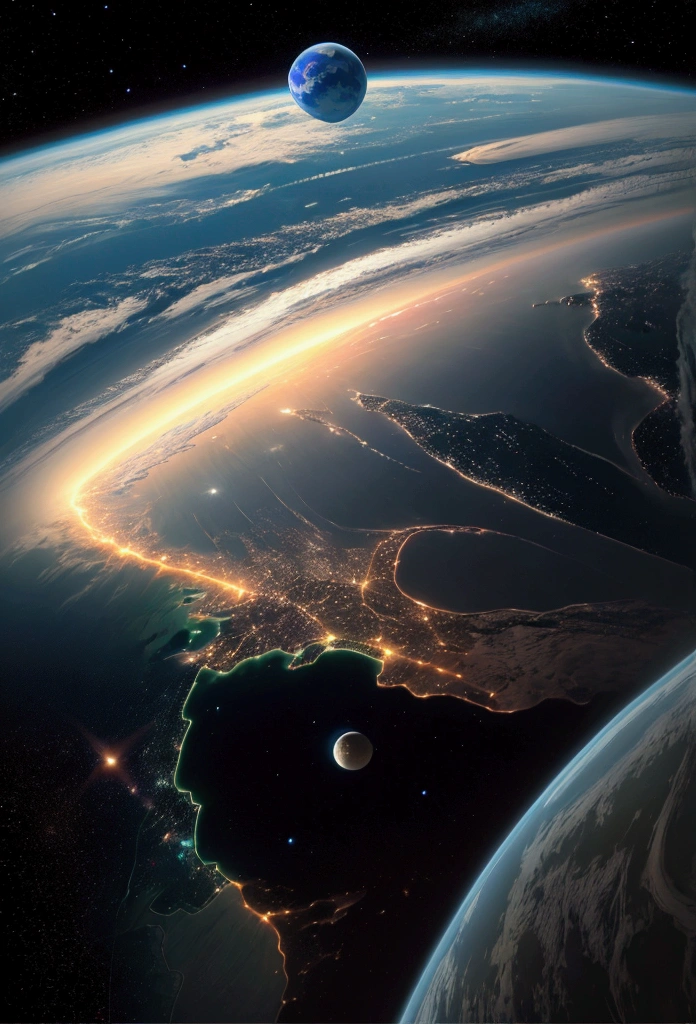 a view of the earth from space with lights of cities and lights of the moon, the earth from space, photo of earth from space, earth visible below, photo from space, looming over earth in space, earth in space, planet earth in the foreground, planet earth in foreground, earth covers lightly, earth in the background, view from space, earth in background