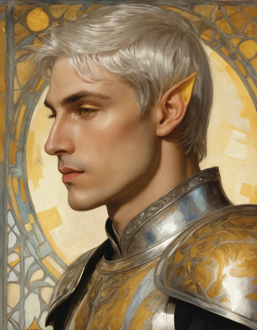 {{Masterpiece, best quality, by Franz von Stuck, by J. C. Leyendecker, oil painting, prismatic, holographic, jaundiced skin}}, ((((((smooth half body profile of a beautiful, striking, male elven knight, small elven ears, yellow eyes, golden yellow skin, jaundiced skin, silver hair, chiseled face, angular face with an aquiline nose, tall, solemn, magnificent, haughty, noble, posing arrogantly, looking at viewer)))))). ((((He is wearing an art nouveau uniform made of sheen, nacre, multicolored, holographic silk, with pearlescent, gemstone elements, insect wings elements, mirrors, crystals elements, prism elements)))).