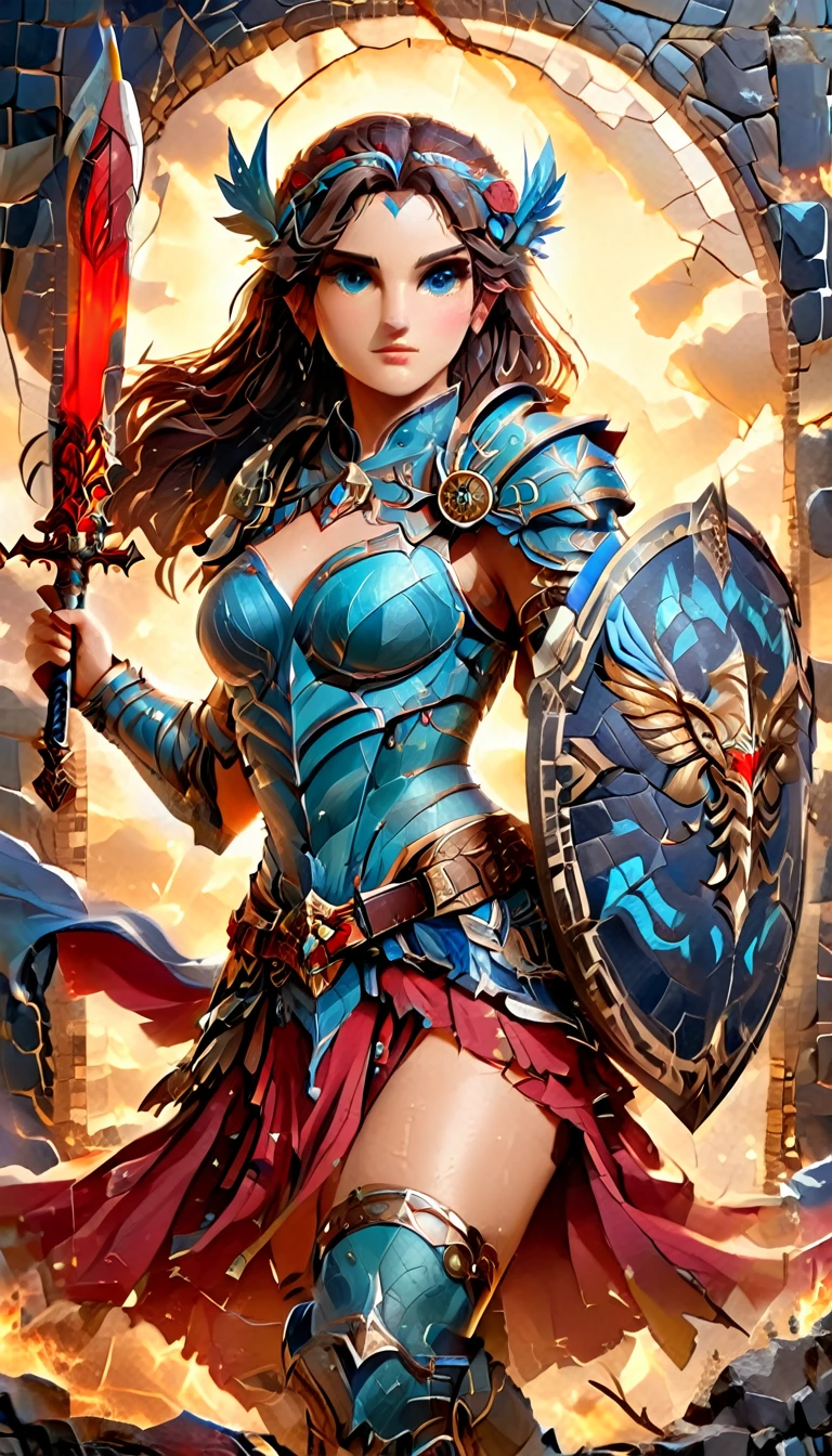 ancient Greek mosaic art of an amazon warrior holding a sword, ready for battle, beautiful amazon warrior holding a sword, ready for battle, ((full body shot: 1.5)), ((anatomically correct: 1.5)) (ultra detailed face: 1.4), dynamic skin complexion, dynamic hair style, dynamic hair color, she is wearing ancient Greek armor, armed with a Greek short sword, dynamic background, vibrant, Ultra-high resolution, High Contrast, (masterpiece:1.5), highest quality, Best aesthetics), best details, best quality, highres, 16k, [ultra detailed], masterpiece, best quality, (extremely detailed) RAW, fantasy art, dnd art, fantasy art, realistic art, (ultra details, Masterpiece, best quality), Intense gaze, flash