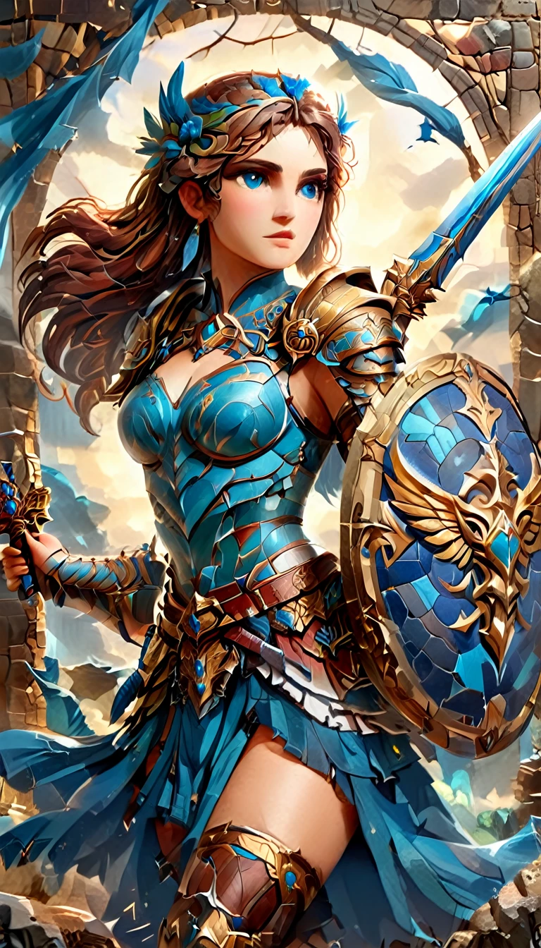 ancient Greek mosaic art of an amazon warrior, beautiful amazon warrior, ((full body shot: 1.5)), ((anatomically correct: 1.5)) (ultra detailed face: 1.4), dynamic skin complexion, dynamic hair style, dynamic hair color, she is wearing ancient Greek armor, armed with a Greek short sword, dynamic background, vibrant, Ultra-high resolution, High Contrast, (masterpiece:1.5), highest quality, Best aesthetics), best details, best quality, highres, 16k, [ultra detailed], masterpiece, best quality, (extremely detailed) RAW, fantasy art, dnd art, fantasy art, realistic art, (ultra details, Masterpiece, best quality), Intense gaze, Sword and shield