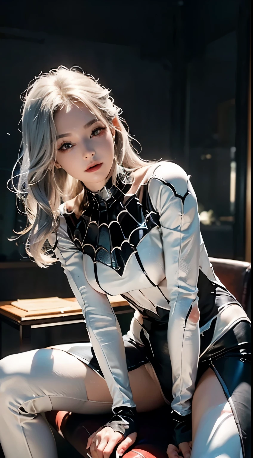 (Extreme detail CG Unity 8K wallpaper, masterpiece, best quality), (Exquisite lighting and shadows, very dramatic photo, movie lens effect), a girl in a white Spiderman costume, silver gray hair color, from the Spiderman parallel universe, Wenger, Marble, Spiderman, sit on the sofa, dynamic pose), (great detail, excellent lighting, wide angle), (Excellent rendering, Enough to stand out in its class), focus on white Spiderman costumes, complex spider textures