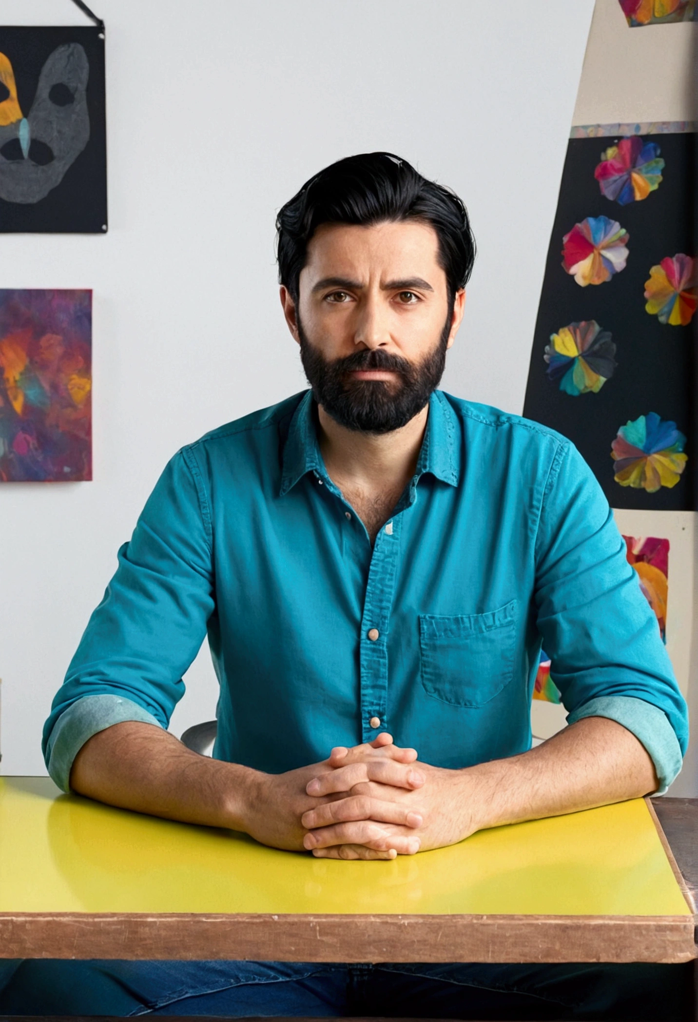 Generate an image of a man sitting at a desk in his studio. He is looking straight at the camera in a front view, sitting upright with his hands on the desk. He has black hair and a short beard.