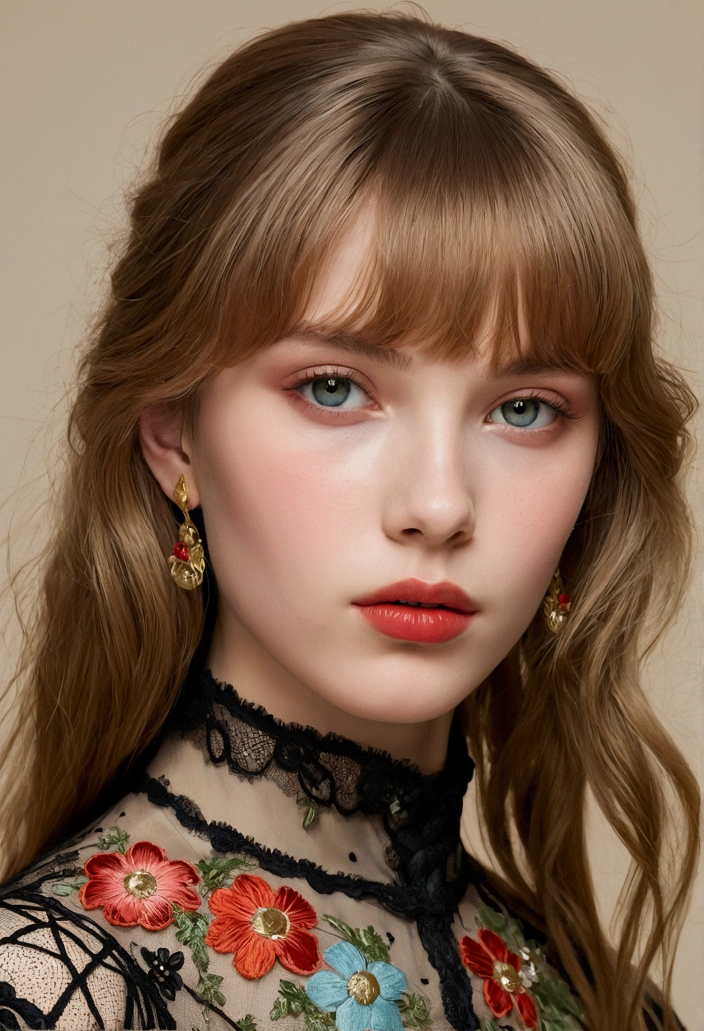 Highly stylized and artistic portrait of a young person with fair skin and delicate facial features. The subject has light brown hair with bangs, and their eyes are a light shade, possibly blue or green. They have a serene expression, with glossy red lips and a subtle blush on their cheeks. A notable feature is the intricate floral face paint on their right cheek, which includes small, detailed flowers in various colors. The subject is partially obscured by a piece of black lace fabric with floral patterns, which they hold up with their hand, showcasing long, manicured nails painted in a nude shade. The background is a muted, solid color, which helps to emphasize the subject's features and the detailed floral embroidery on their high-collared garment, which includes vibrant red, yellow, and green flowers.