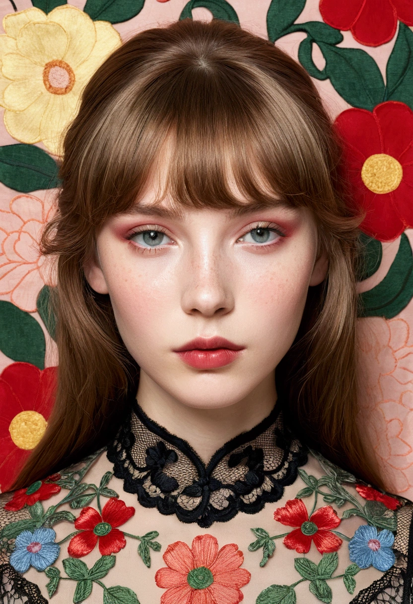 Highly stylized and artistic portrait of a young person with fair skin and delicate facial features. The subject has light brown hair with bangs, and their eyes are a light shade, possibly blue or green. They have a serene expression, with glossy red lips and a subtle blush on their cheeks. A notable feature is the intricate floral face paint on their right cheek, which includes small, detailed flowers in various colors. The subject is partially obscured by a piece of black lace fabric with floral patterns, which they hold up with their hand, showcasing long, manicured nails painted in a nude shade. The background is a muted, solid color, which helps to emphasize the subject's features and the detailed floral embroidery on their high-collared garment, which includes vibrant red, yellow, and green flowers.