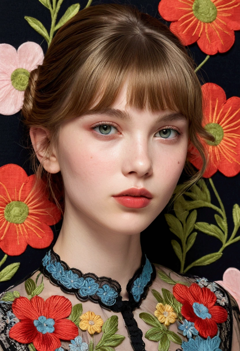 Highly stylized and artistic portrait of a young person with fair skin and delicate facial features. The subject has light brown hair with bangs, and their eyes are a light shade, possibly blue or green. They have a serene expression, with glossy red lips and a subtle blush on their cheeks. A notable feature is the intricate floral face paint on their right cheek, which includes small, detailed flowers in various colors. The subject is partially obscured by a piece of black lace fabric with floral patterns, which they hold up with their hand, showcasing long, manicured nails painted in a nude shade. The background is a muted, solid color, which helps to emphasize the subject's features and the detailed floral embroidery on their high-collared garment, which includes vibrant red, yellow, and green flowers.