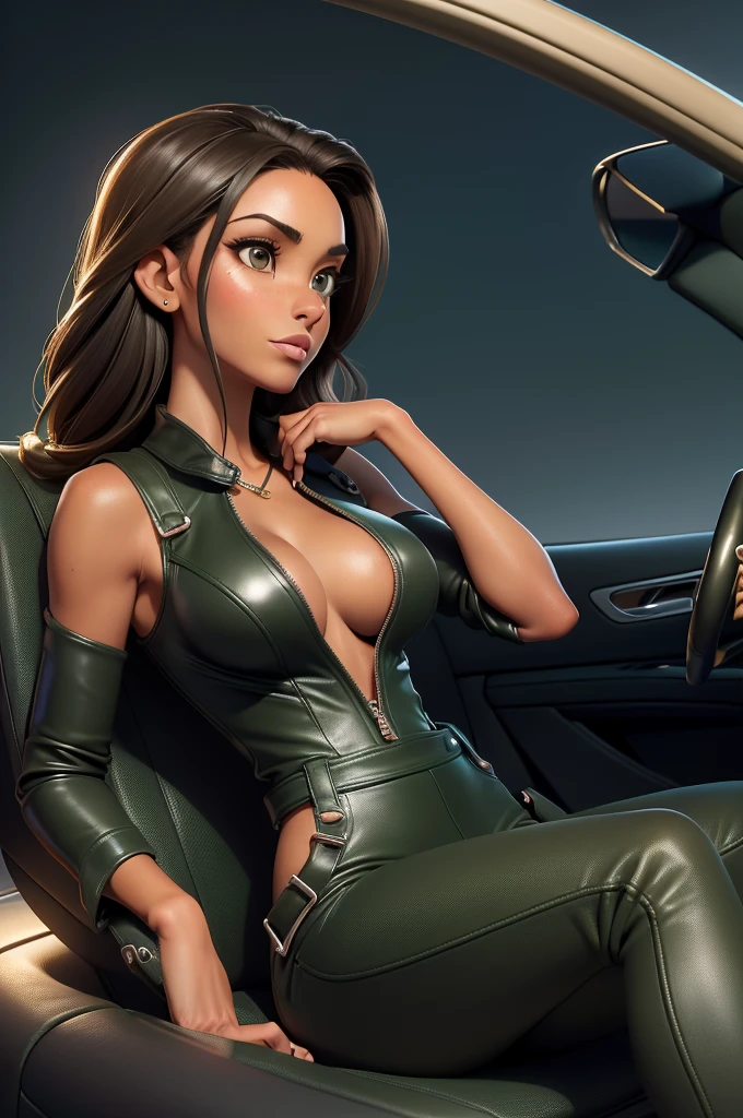 obra prima, melhor qualidade, ((only one woman,)) ((andrea tantaros, dark tan skin, shiny leather hijab,)) looking over shoulder at me, ((wearing forest green coarse grain leather minidress overalls, leather bomber jacket with padded shoulders,)) (((leather covered tits, tits are very very pointed, erect nipples under leather,))) body is very very skinny, skinny tight ass, ((sitting in luxury convertible car, arched shoulders, legs spread, one hand inside clothes,)) (camera view above waist, back view of body,) shallow depth of field, highres, HD, 8k, anatomically correct