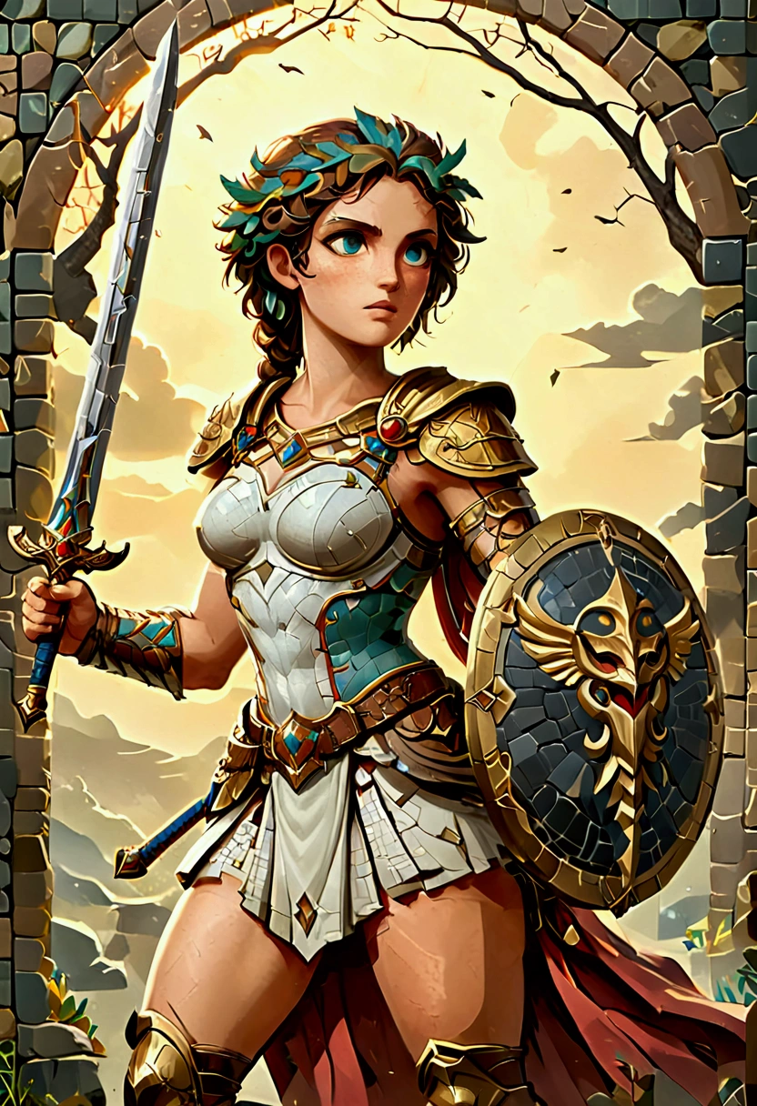ancient Greek mosaic art of an amazon warrior holding a sword, ready for battle, beautiful amazon warrior holding a sword, ready for battle, ((full body shot: 1.5)), ((anatomically correct: 1.5)) (ultra detailed face: 1.4), dynamic skin complexion, dynamic hair style, dynamic hair color, she is wearing ancient Greek armor, armed with a Greek short sword, dynamic background, vibrant, Ultra-high resolution, High Contrast, (masterpiece:1.5), highest quality, Best aesthetics), best details, best quality, highres, 16k, [ultra detailed], masterpiece, best quality, (extremely detailed) RAW, fantasy art, dnd art, fantasy art, realistic art, (ultra details, Masterpiece, best quality), Intense gaze, flash