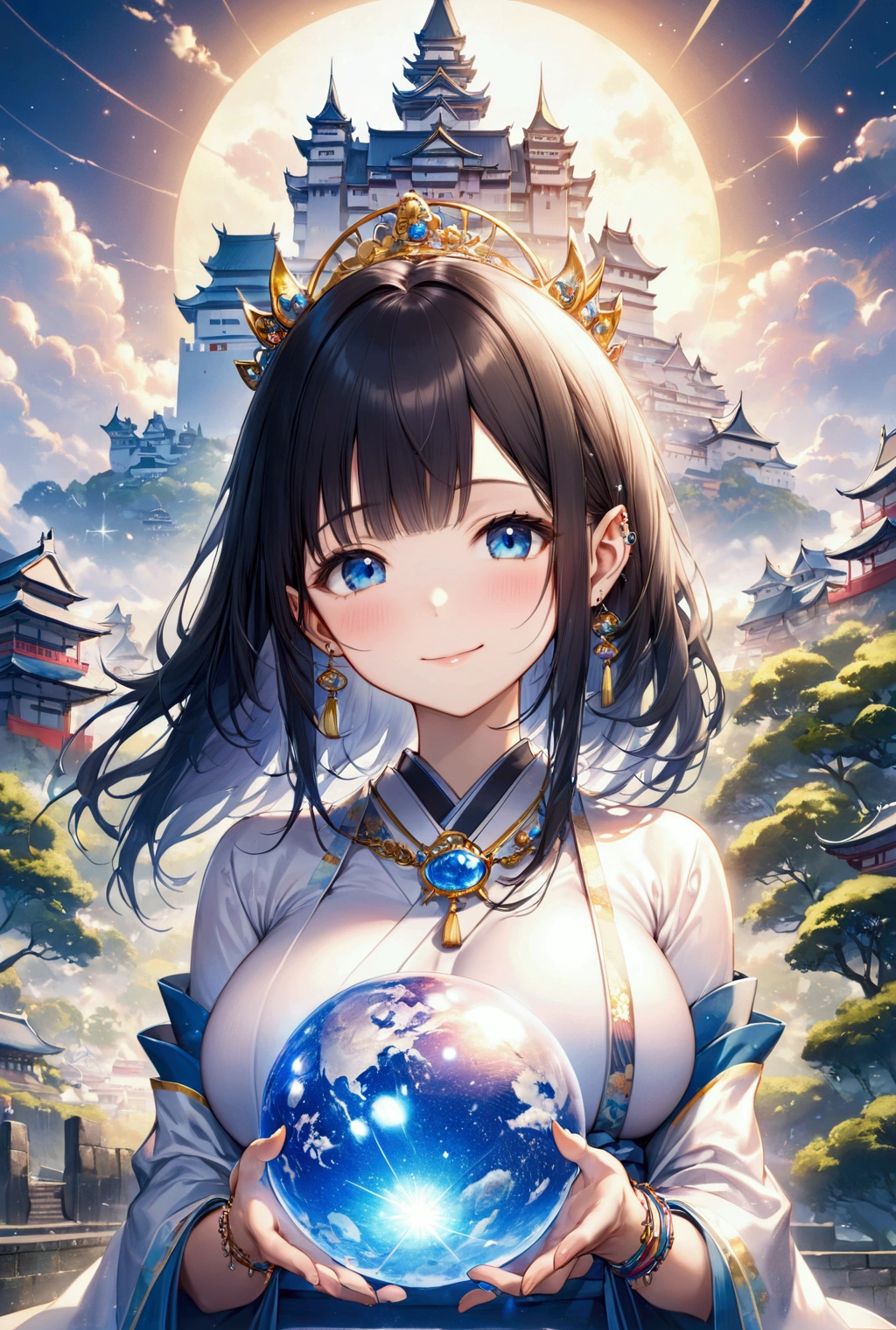 (Highest quality, 8k, 32K, masterpiece, Ultra-high resolution,:1.2),to be born, One Girl,So cute , Japanese Castle, A fantasy background reminiscent of an electronic world, clear, Shining Eyes, Age 25 ,Fair skin, Black Hair Girl, kimono, Long Hair, An innocent smile, Blue Eyed Queen, Pierced ears sparkle, An elegant necklace adorns her slender neck., Rings and bracelets decorate the fingers. expensive_Big Breasts, Big Breasts, Japanese Castle下町
