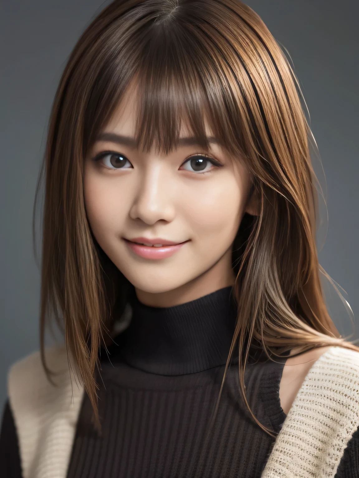 masterpiece, best quality, ultra-detailed, intricately detailed hyperdetailed, realistic, sharp features, highly detailed, sharp focus, Realistic, Photorealistic:1.3, (************:1.5), perfect face, perfect symmetrically eyes, perfect full lips, hyper detailed, hyper realistic, high resolution, Fashion Model, Japanese Idol, Slender, brown hair, Stylish, model poses, Beautiful Face, light brown hair, messy hair, asymmetrical bangs, (grin:1.2), (looking at viewer), cinematic lighting, grey background, (Black knit:1.2), portrait