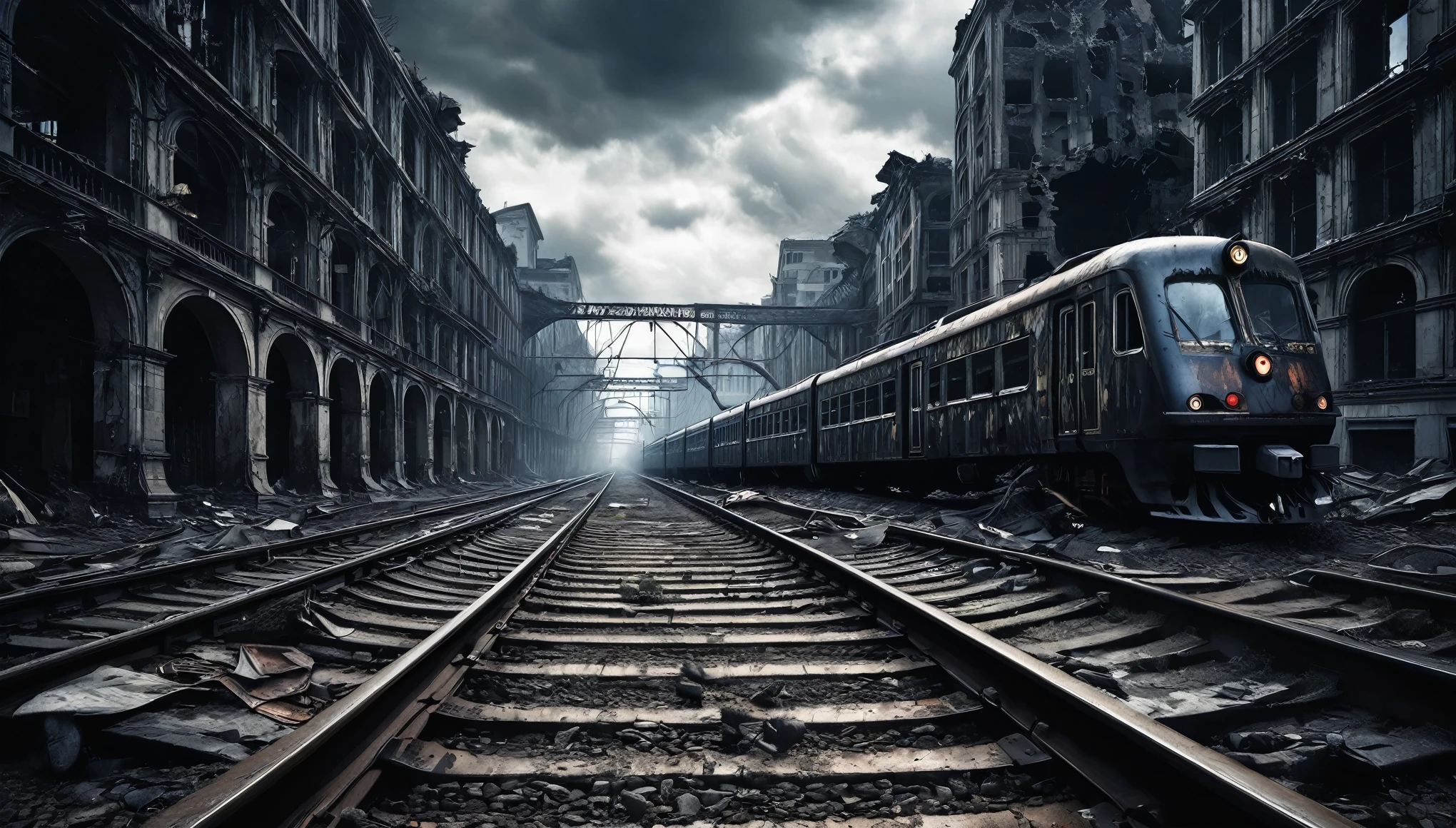 gothic surrealism dark post apocalyptic city destroyed and abandoned train