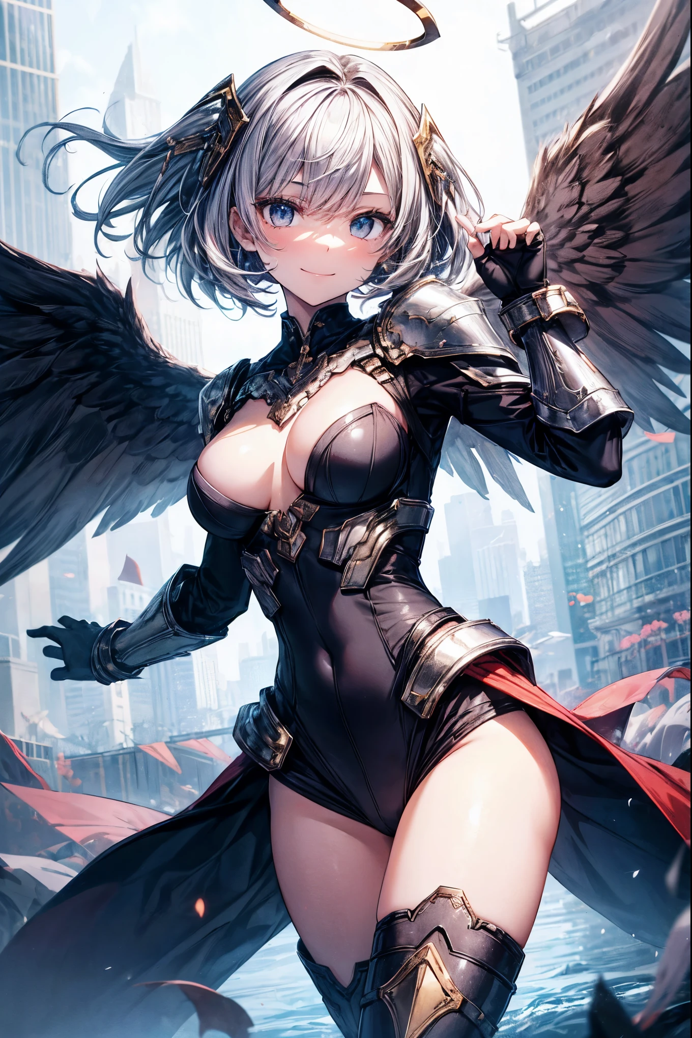 fantasy, 1angel_girl,(young_teen:1.5), ,brown_hair, medium_bob_hair, long_bangs, halo,bare_shoulder,thighhighs,silver_armor, waist_armor, large_breasts,1pair_wings, dynamic_pose_fighting,floating, bare_crotch, headgear,gauntlet, greaves,city_landscape_background,slightly_spread_legs, solo, groin_naked,smile