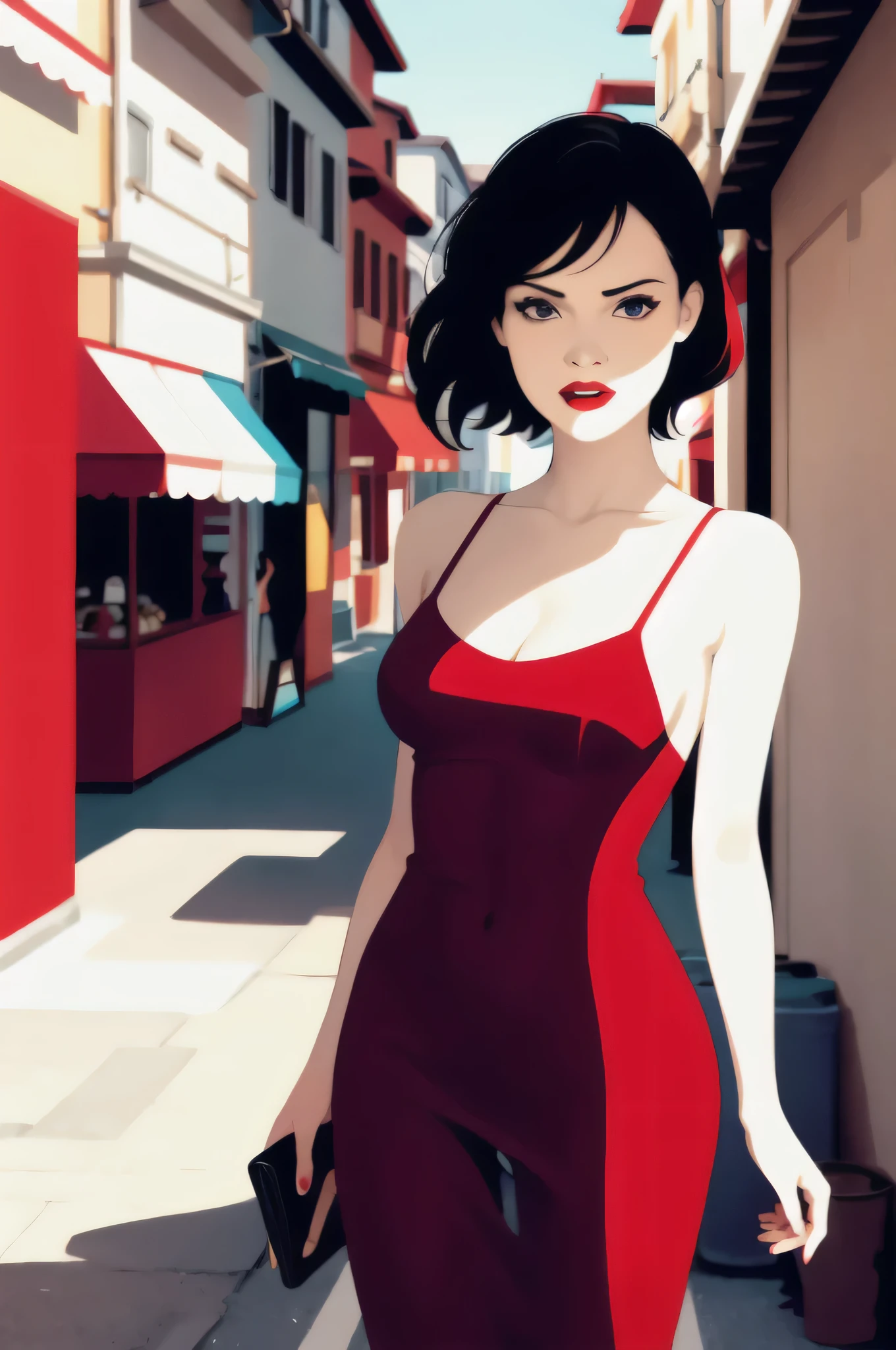 favre, illustration, girl, cleavage, sexy dress, minimalist, flat color , A Female with bob black hair with blue eyes and Red lips, bare shoulders, red dress, taut dress, spaghetti strap red dress, sleeveless, medium breast, standing up against a wall in the streets at night in the background, 1 girl, solo, close up portrait, looking at viewers
