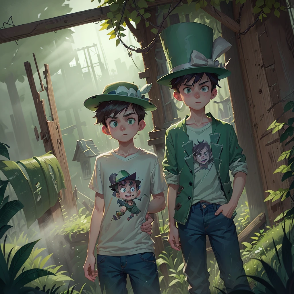 A teenage boy with pale skin and green eyes wearing a mad hatter green top hat and wearing jeans and a tshirt, standing in front of an old haunted house at night while the shadows creep from every side and the mist fills the air, the fog of nostalgia fills the air and thunder crackles in the sky