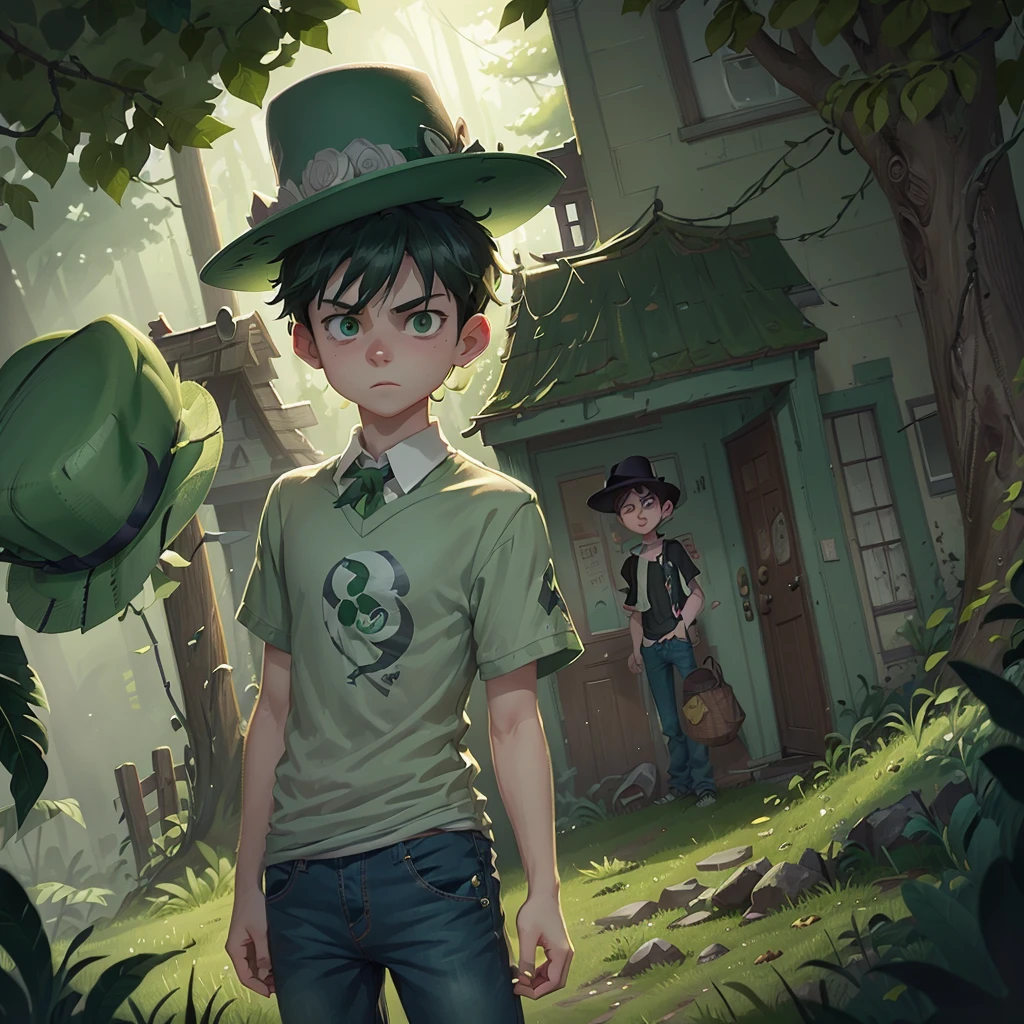 A  teenage boy with pale skin and green eyes wearing a mad hatter green top hat and  wearing jeans and a tshirt, standing in front of an old haunted house at night while the shadows creep from every side and the mist fills the air, the fog of nostalgia fills the air and thunder crackles in the sky