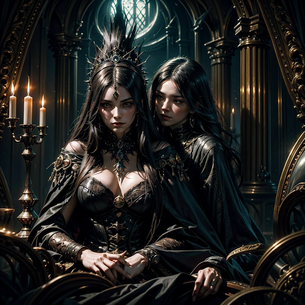 A mysterious witch woman with long flowing dark hair and a cloak, surrounded by flickering candlelight in a dimly lit room, her piercing eyes focused on a glowing glass ball, strange and surreal figures, twisted and distorted, begin to emerge from the depths of the crystal, dancing in a hypnotic and mystical display of magic and otherworldly energy, high quality, 8k, photorealistic, dark fantasy, intricate details, dramatic lighting, moody atmosphere, cinematic composition, fantasy art, baroque style, deep rich colors