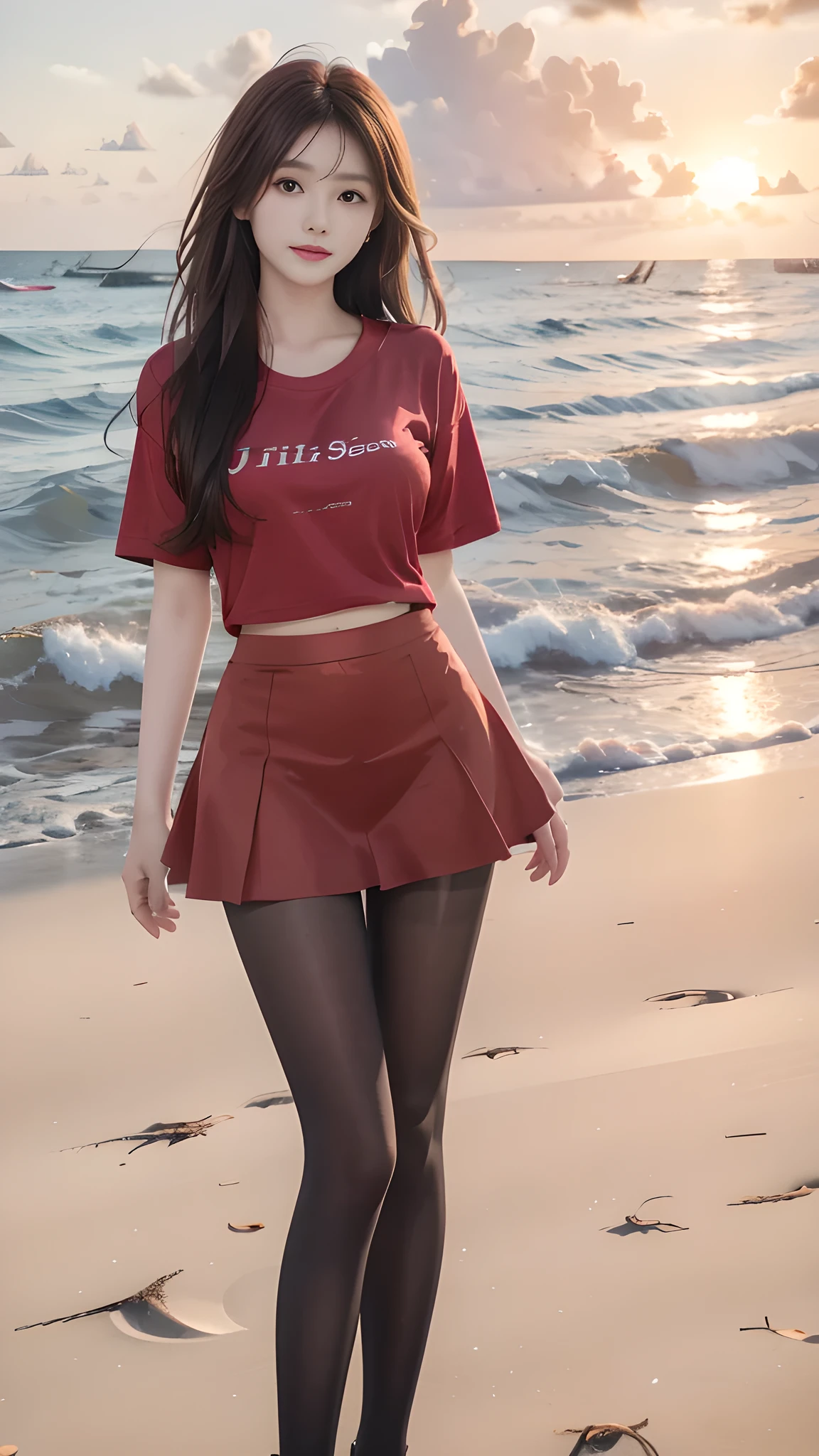 ulzzang-6500-v1.1, (RAW Photos:1.2), (Photorealistic), (Genuine:1.4), 1girl、Perfect Anatomy、20 years old、Looking at the camera、Medium Long Hair、red T-shirt, skirt, ((on the beach at sunset :1.1))、(Ultra-realistic pantyhose:1.2), (Business services)、Asian Eyes Ella,