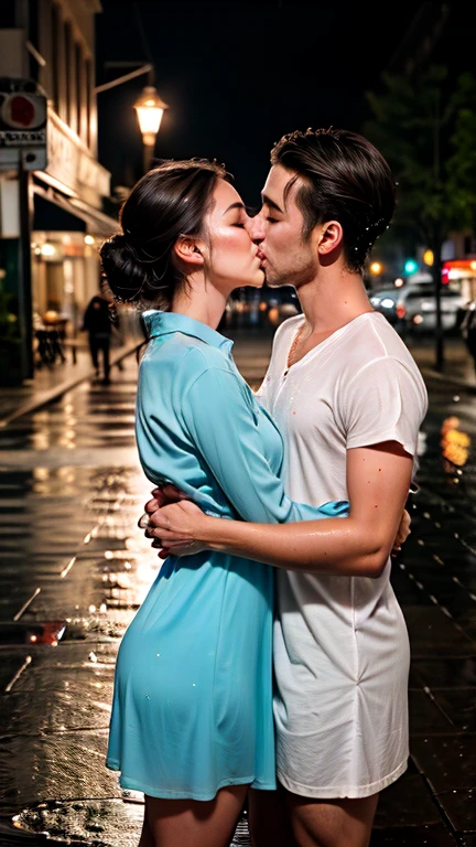 A romantic scene of a couple passionately kissing in the rain, surrounded by a blurred city backdrop illuminated by soft, glowing streetlights. The woman is wearing a flowing, wet pink dress that clings to her figure, while the man is in a fitted, slightly unbuttoned blue shirt, both with their hair slicked back from the rain. The atmosphere is dreamy and intimate, with droplets of water glistening on their skin, capturing a moment of love and connection amidst a vibrant, rainy night. The image should be ultra-realistic, with a cinematic quality and soft, diffused lighting.