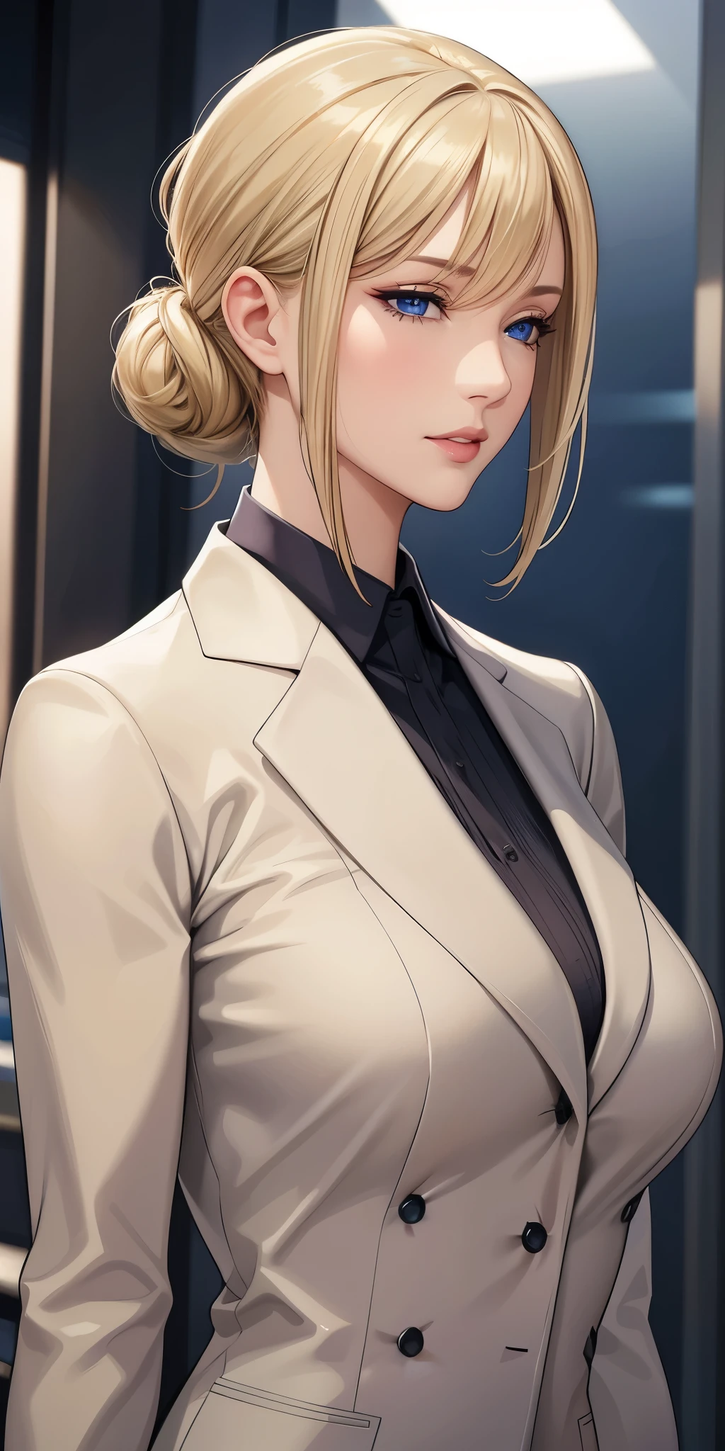 Close-up portrait, realistic, Elegant mature woman, milf, blue eyes, blonde hair, soft light, 4k resolution, high quality, beautiful cg