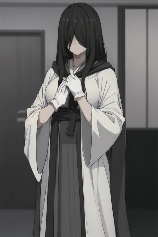 ((masterpiece)), (best quality), (absurdres), black hair, yamamura_sadako, (black obi), (grey skin), hair over eyes, eyes covered, long skirt, looking at viewer, cape, long sleeves, cloak. White gloves