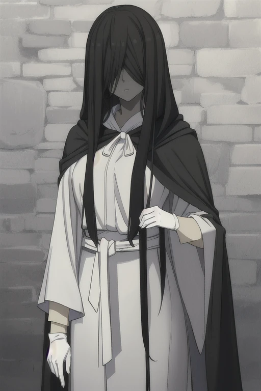 ((masterpiece)), (best quality), (absurdres), black hair, yamamura_sadako, (black obi), (grey skin), hair over eyes, eyes covered, long skirt, looking at viewer, cape, long sleeves, cloak. White gloves